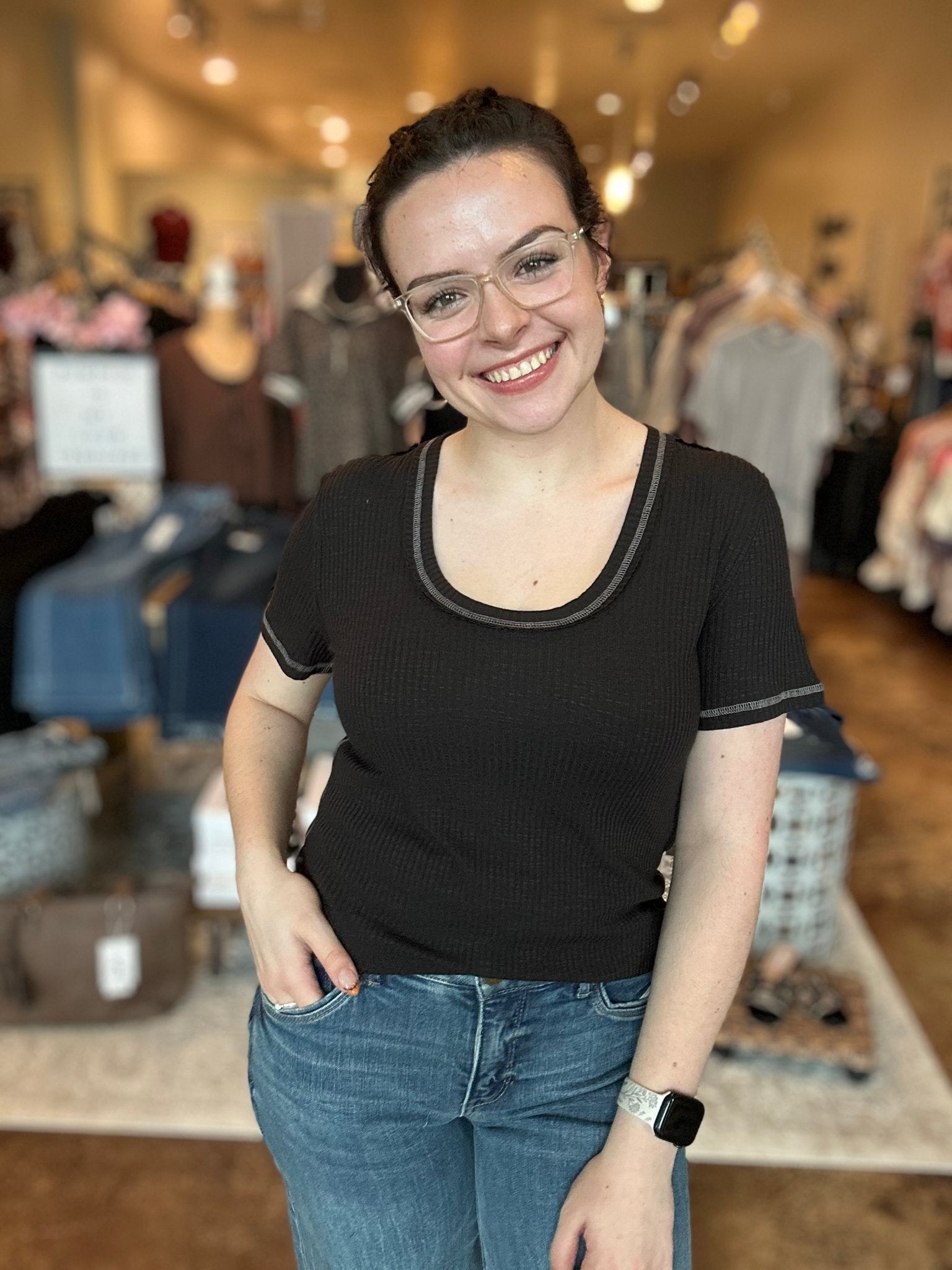 Ribbed Jersey Overlock Stitch Tee - Mainstream Boutique