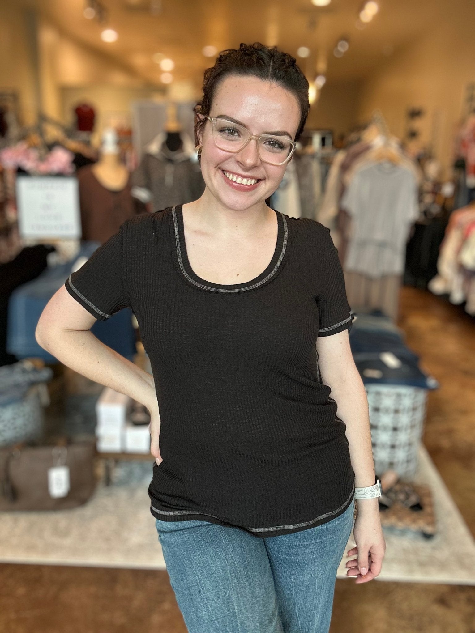 Ribbed Jersey Overlock Stitch Tee - Mainstream Boutique