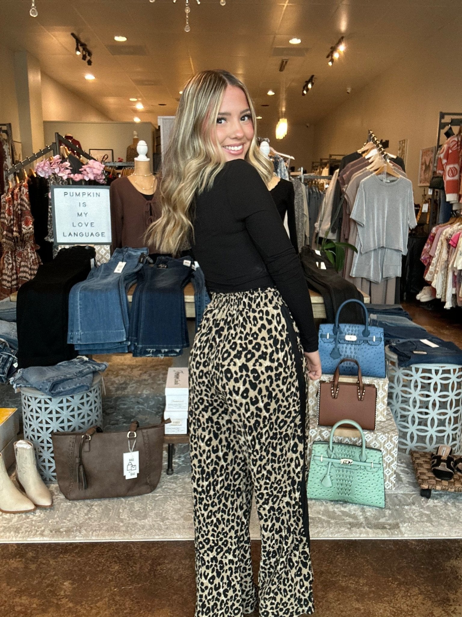 Ribbed Animal Print Wide Leg Pants - Mainstream Boutique