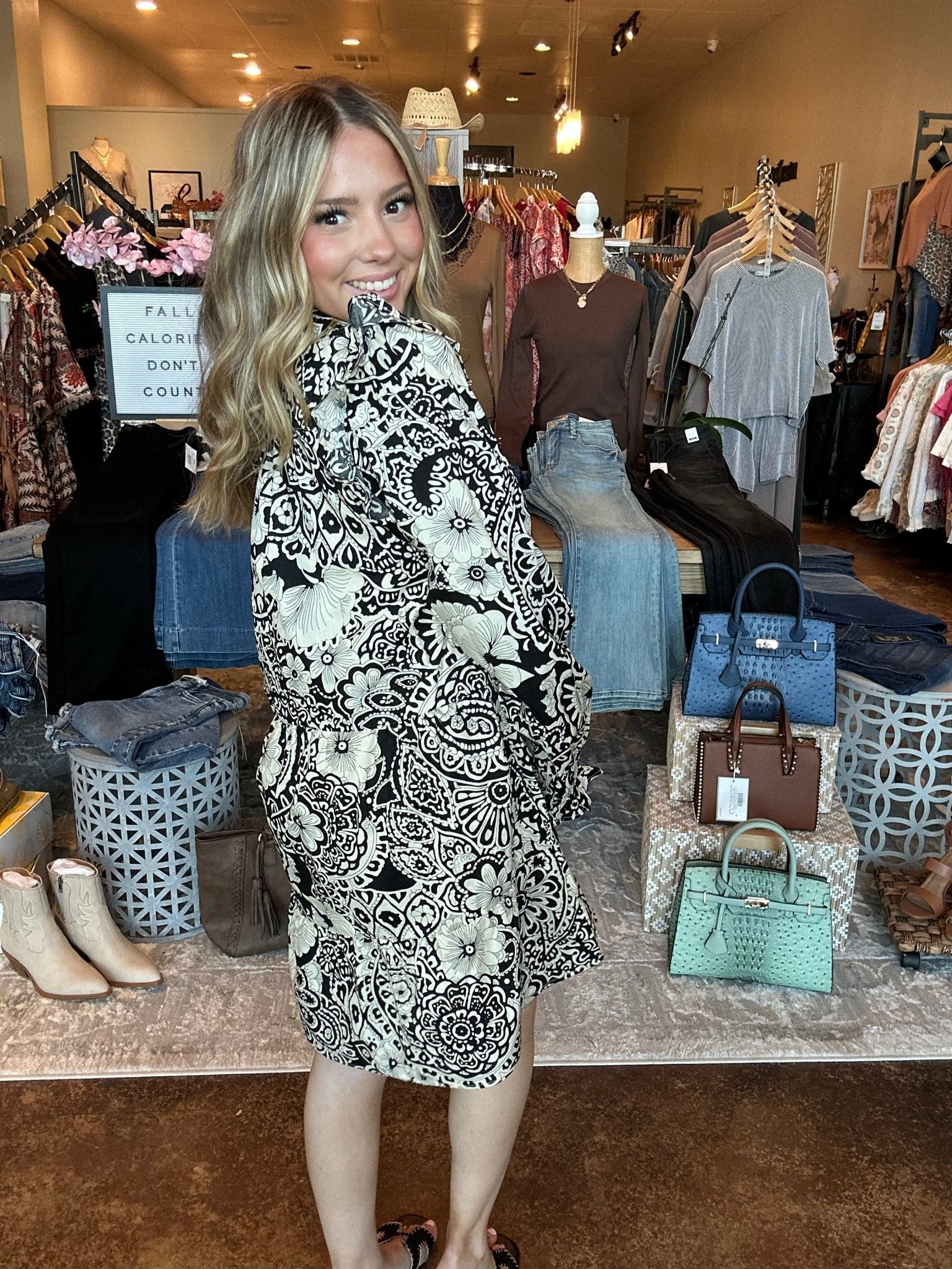 Split Neck Printed Piping Detail Dress - Mainstream Boutique