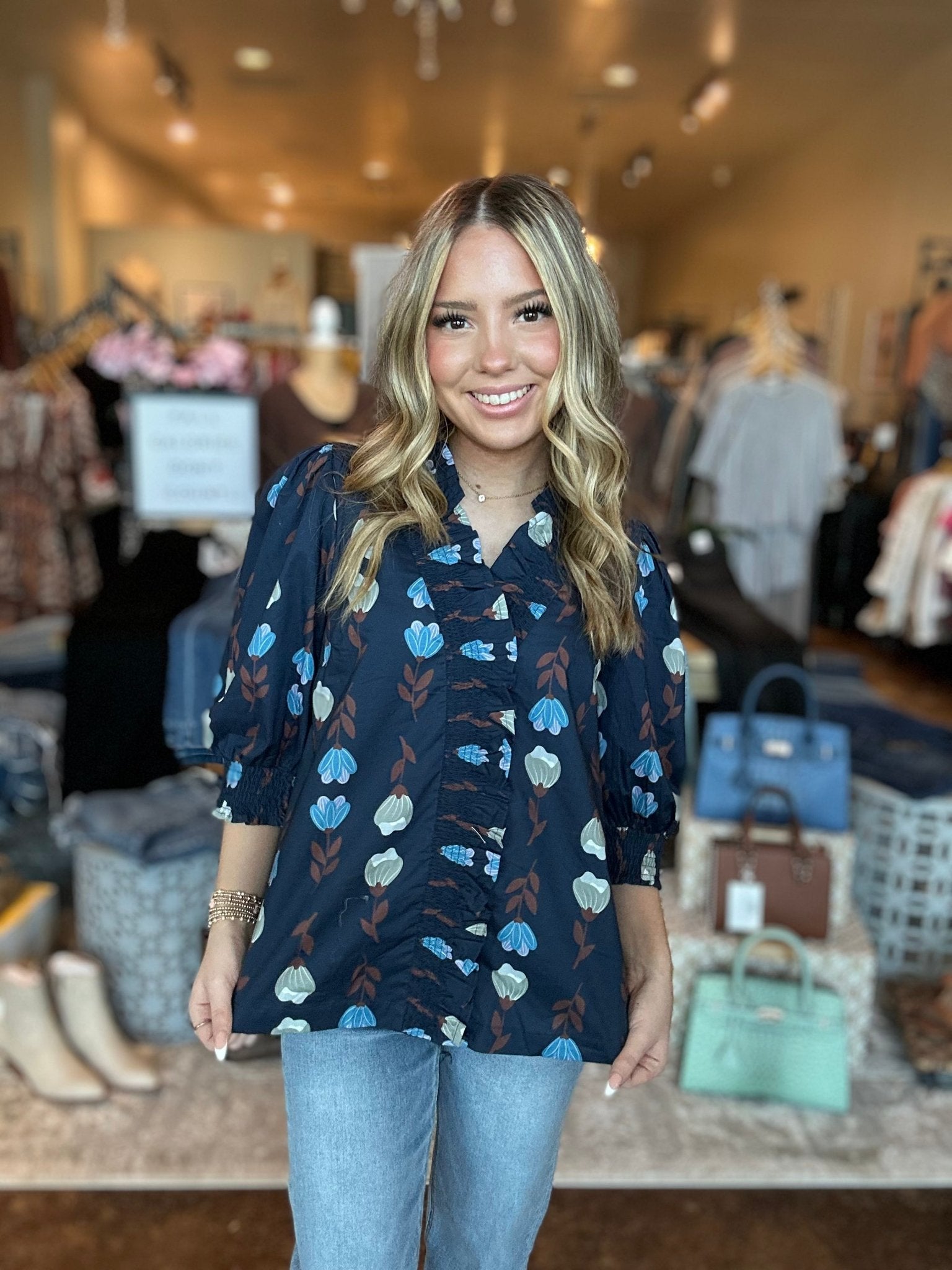 Ruffle Trim Puff Sleeve Blouse - Mainstream Boutique