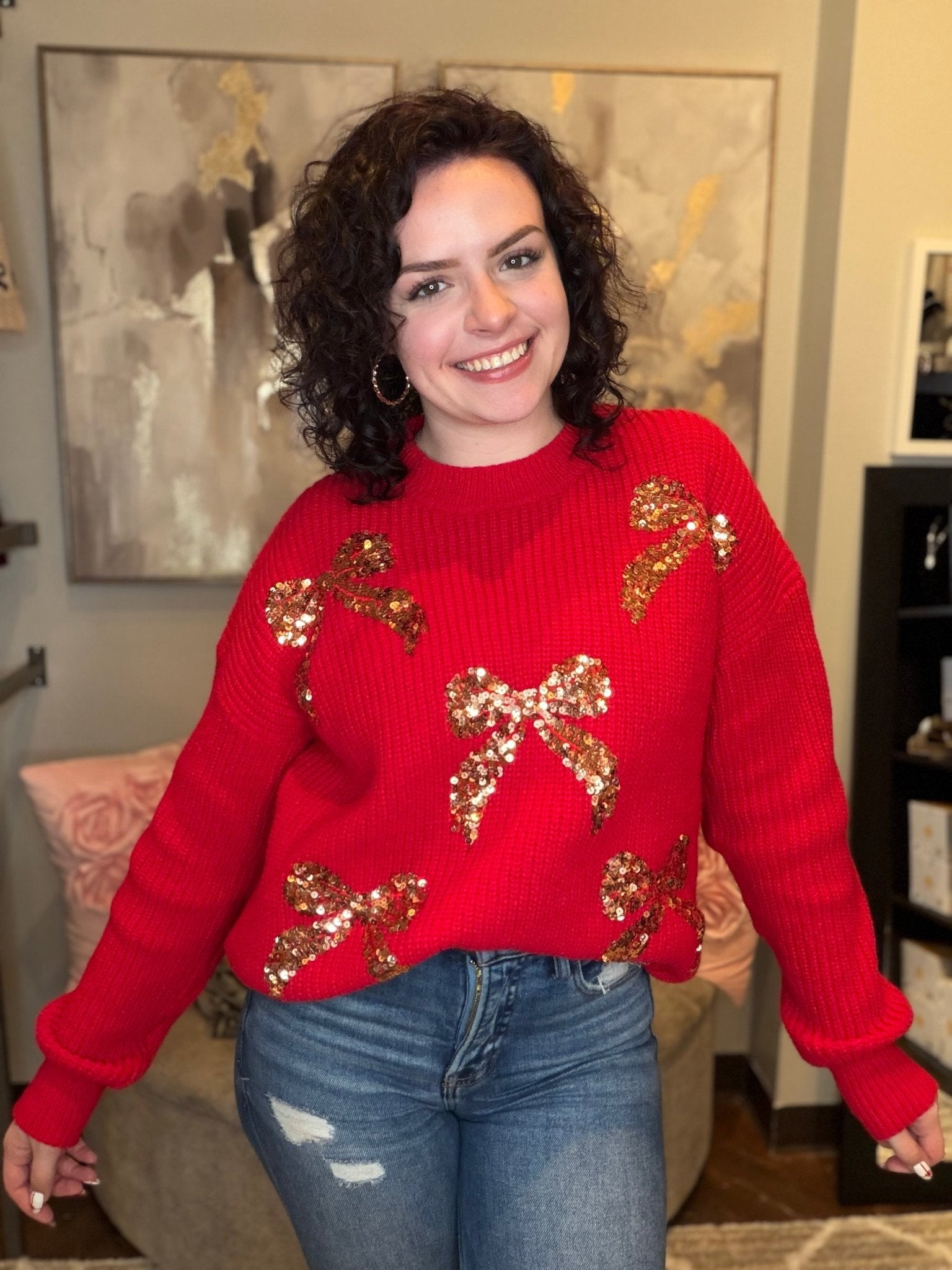 All Over Ribbon Sequins Christmas Holiday Sweater Top - Mainstream Boutique