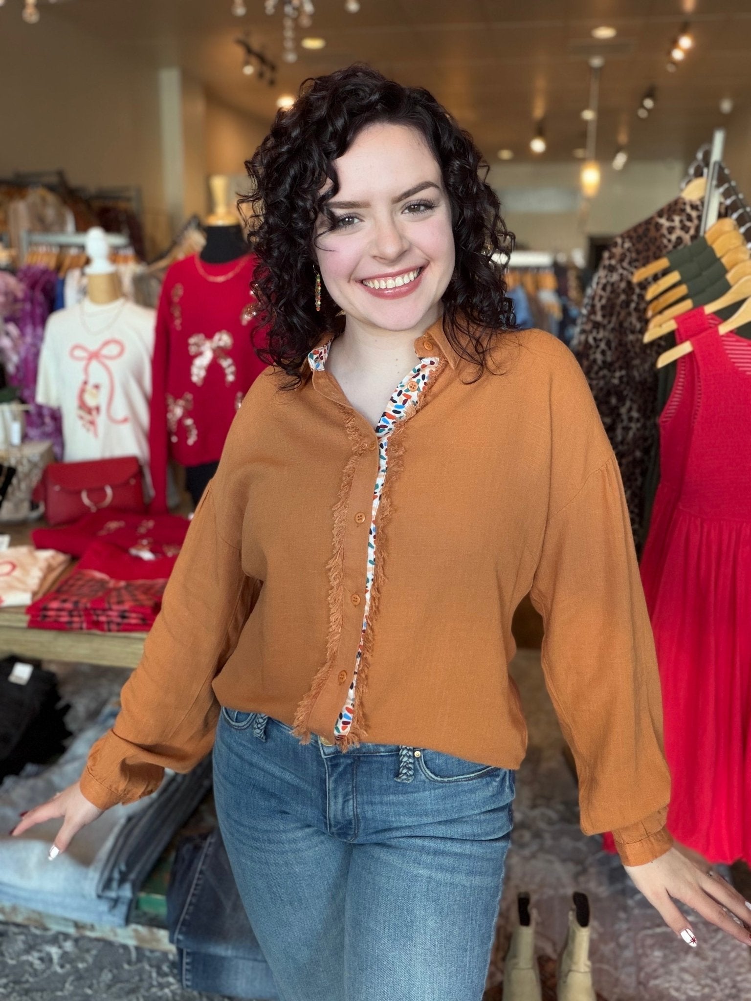 Long Sleeve Button Down Distressed Edge Top - Mainstream Boutique