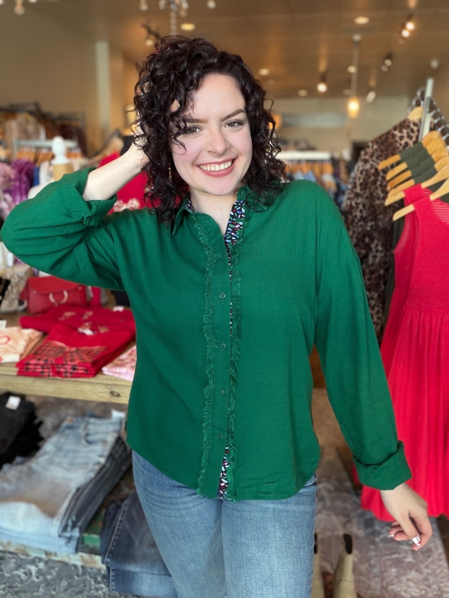 Long Sleeve Button Down Distressed Edge Top - Mainstream Boutique
