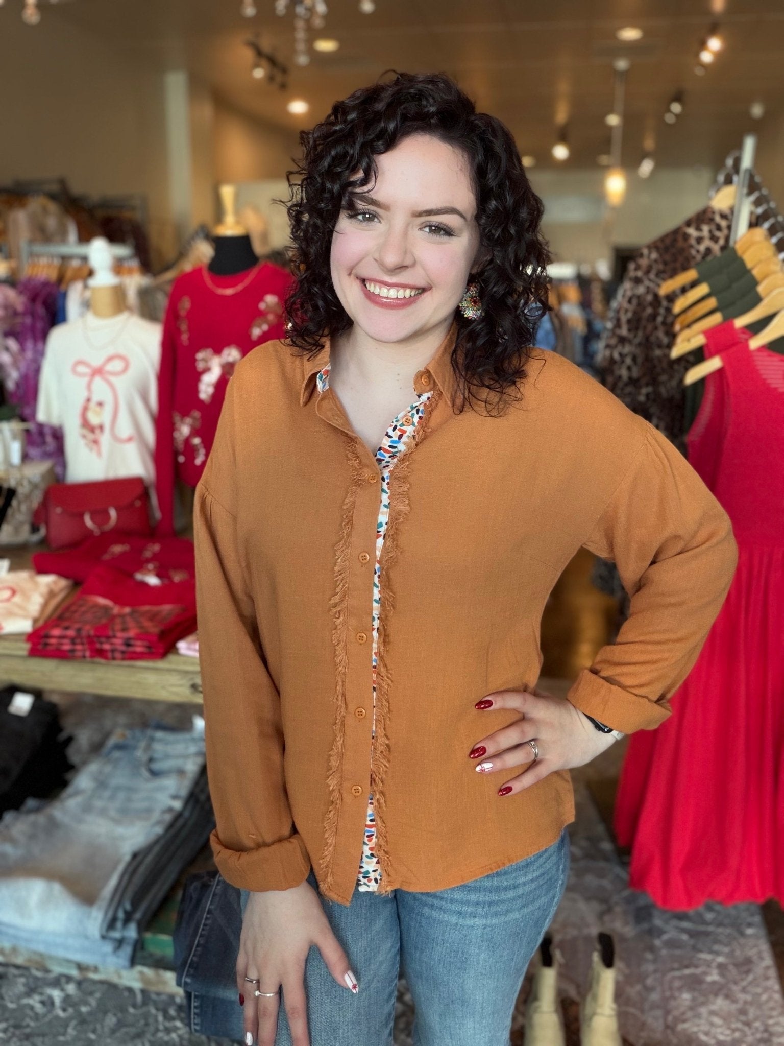 Long Sleeve Button Down Distressed Edge Top - Mainstream Boutique