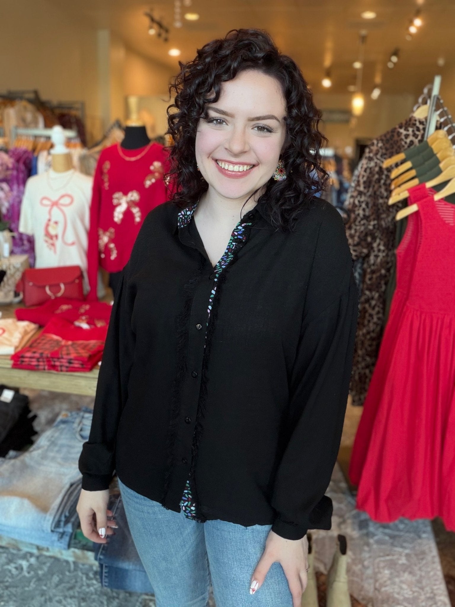 Long Sleeve Button Down Distressed Edge Top - Mainstream Boutique