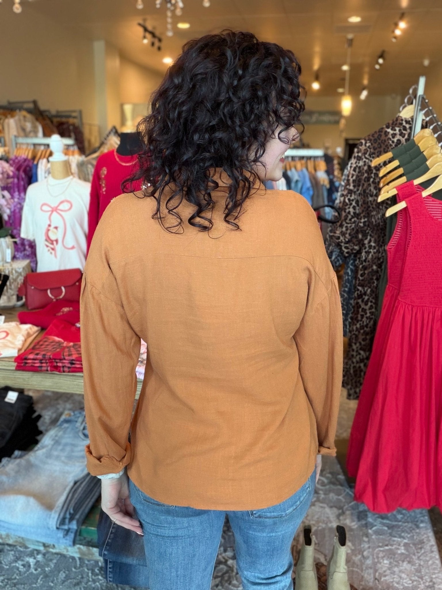 Long Sleeve Button Down Distressed Edge Top - Mainstream Boutique