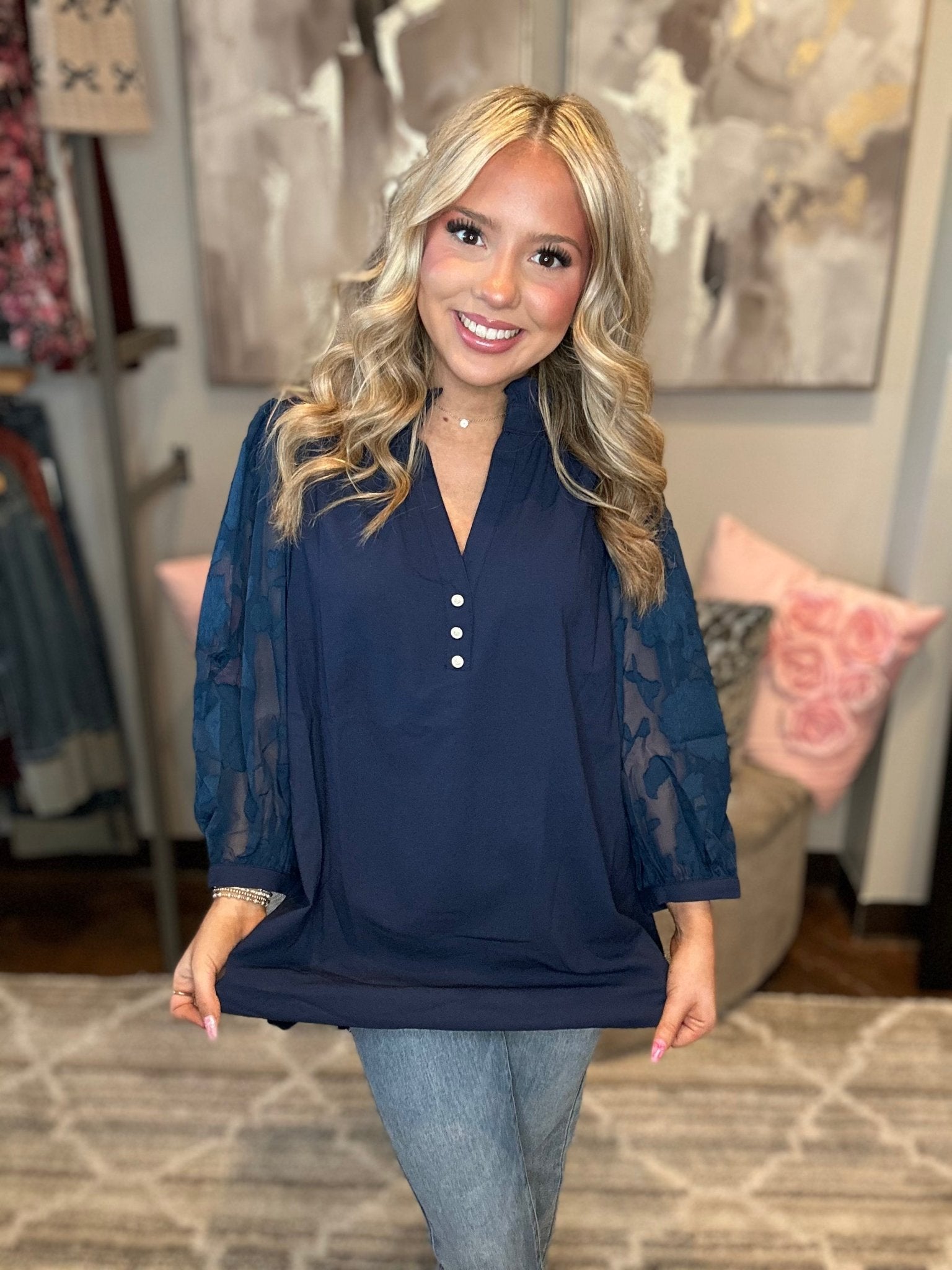 V - Neck Puff Sleeve Tunic - Mainstream Boutique