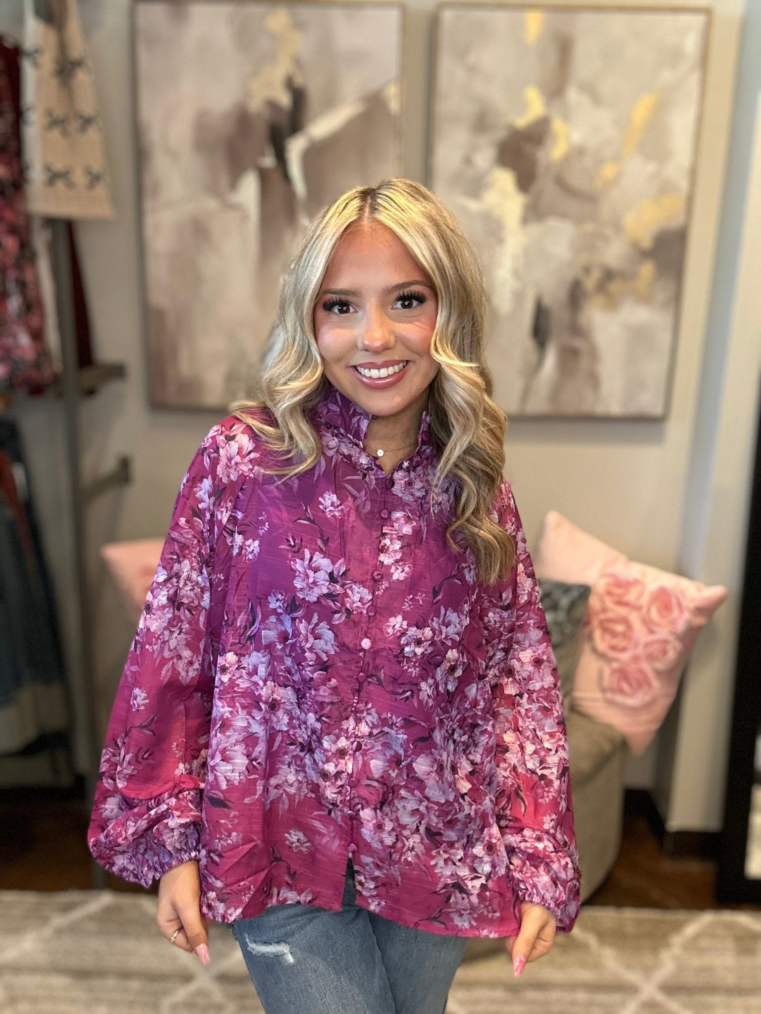 Floral Satin Button Blouse - Mainstream Boutique
