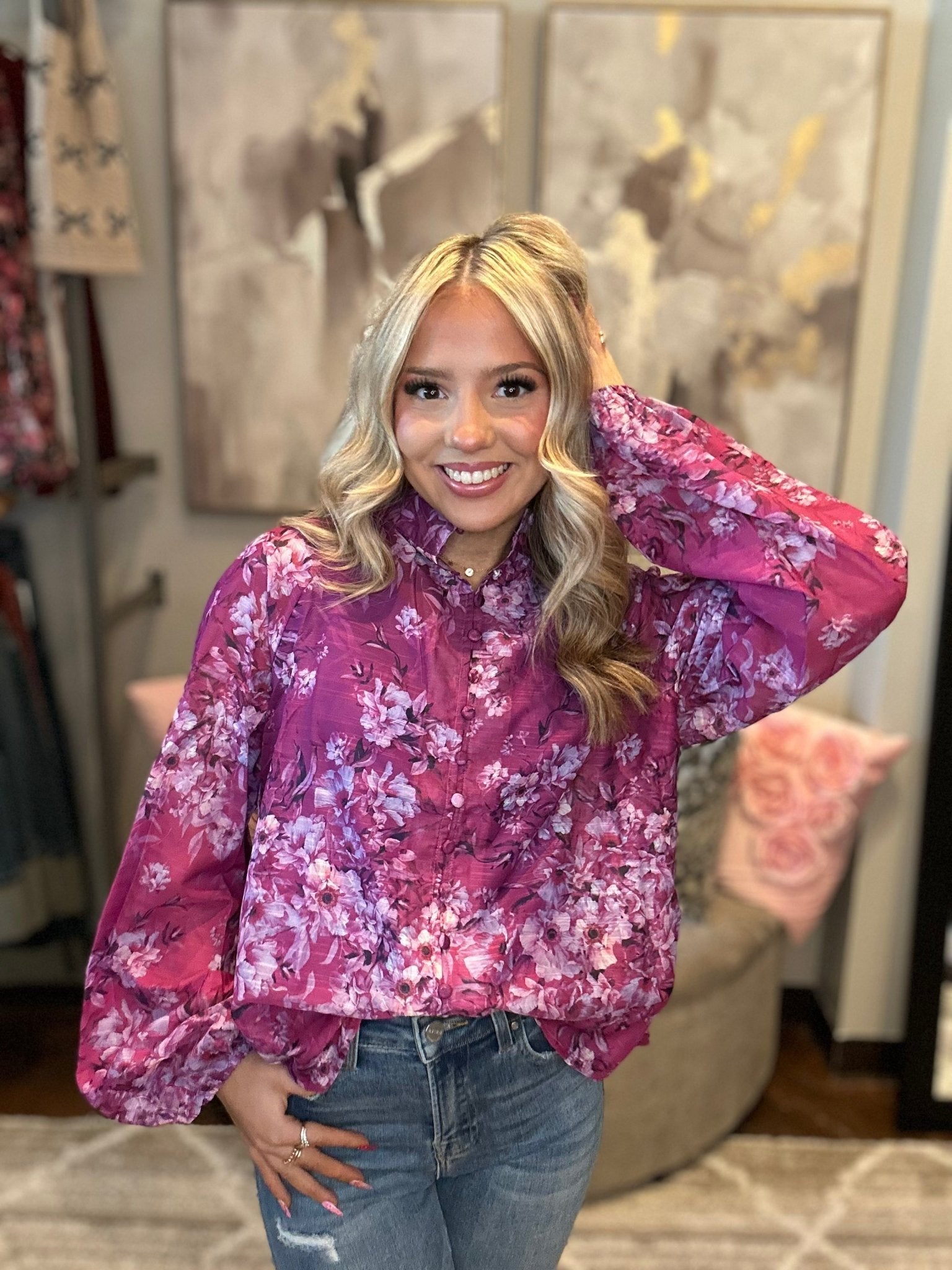 Floral Satin Button Blouse - Mainstream Boutique
