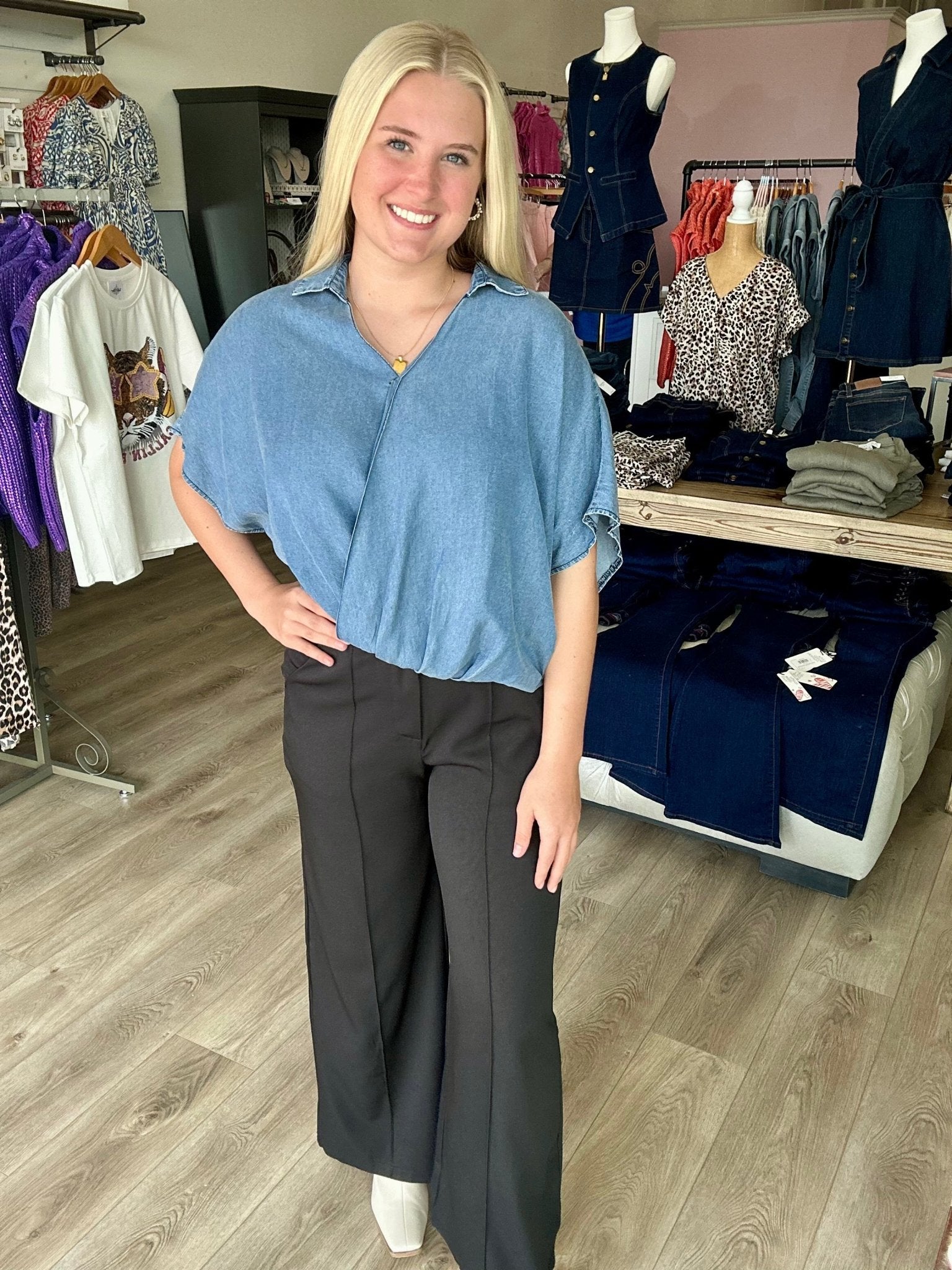 WIDE LEG WOVEN PANTS W/PINTUCK AND POCKETS - Mainstream Boutique