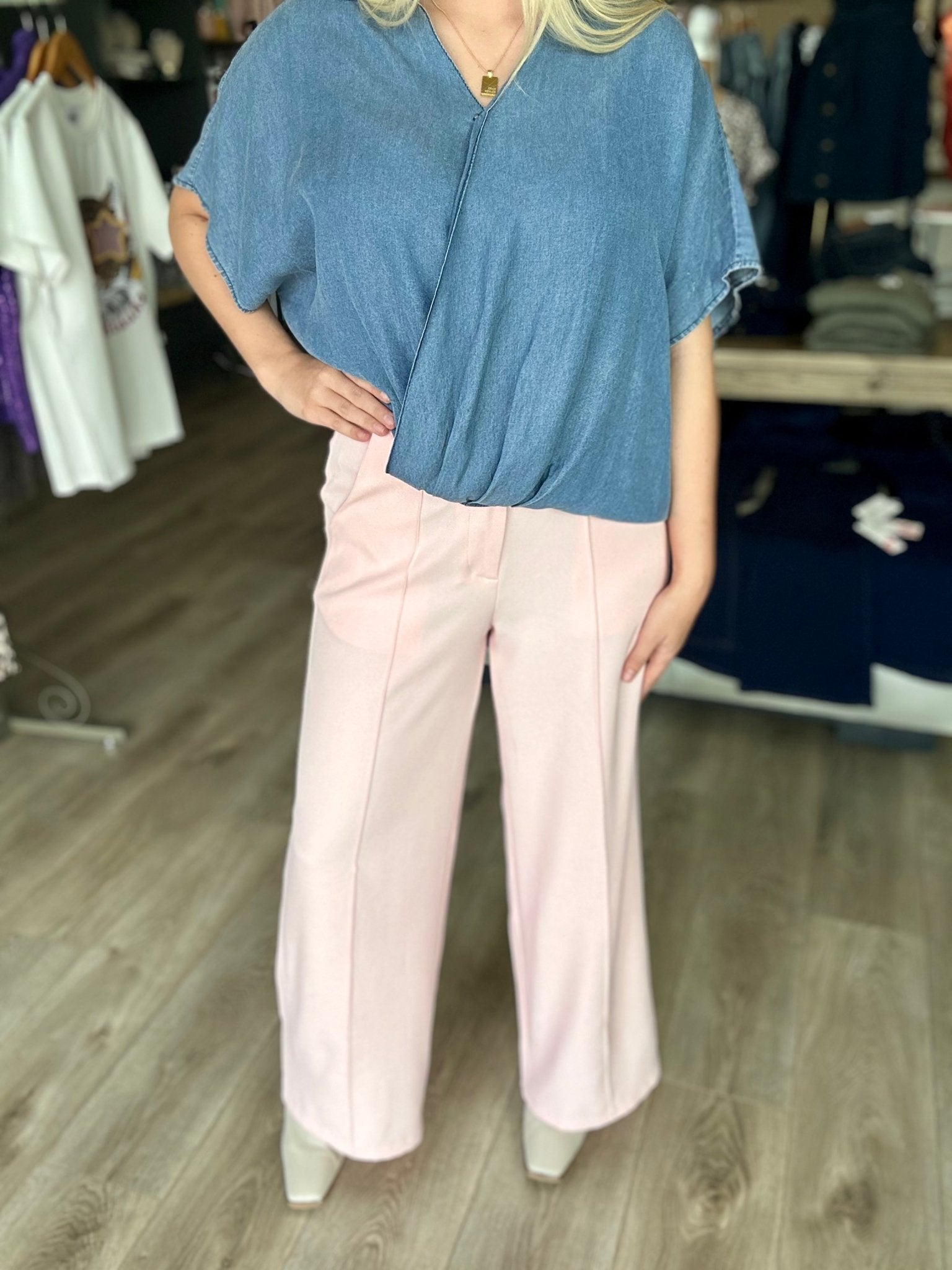WIDE LEG WOVEN PANTS W/PINTUCK AND POCKETS - Mainstream Boutique