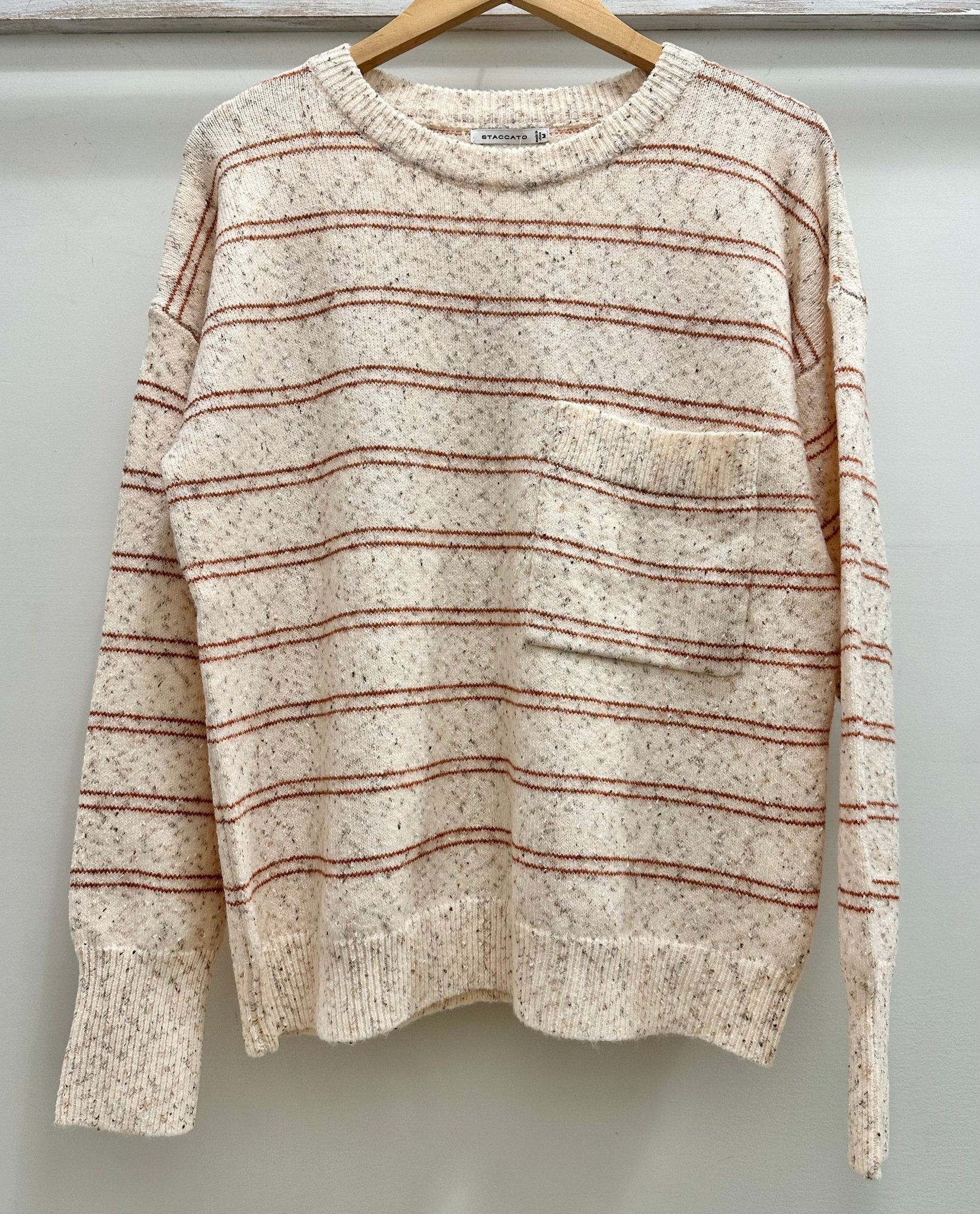 CREW NECK, LONG SLEEVE, CHEST POCKET, SPRINKLED STRIPE SWEATER - Mainstream Boutique