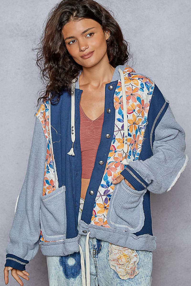 Floral Pattern Mixed Fabrication Jacket With Hood - Mainstream Boutique