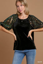 Velvet And Sequin Top With Puff Sleeve - Mainstream Boutique