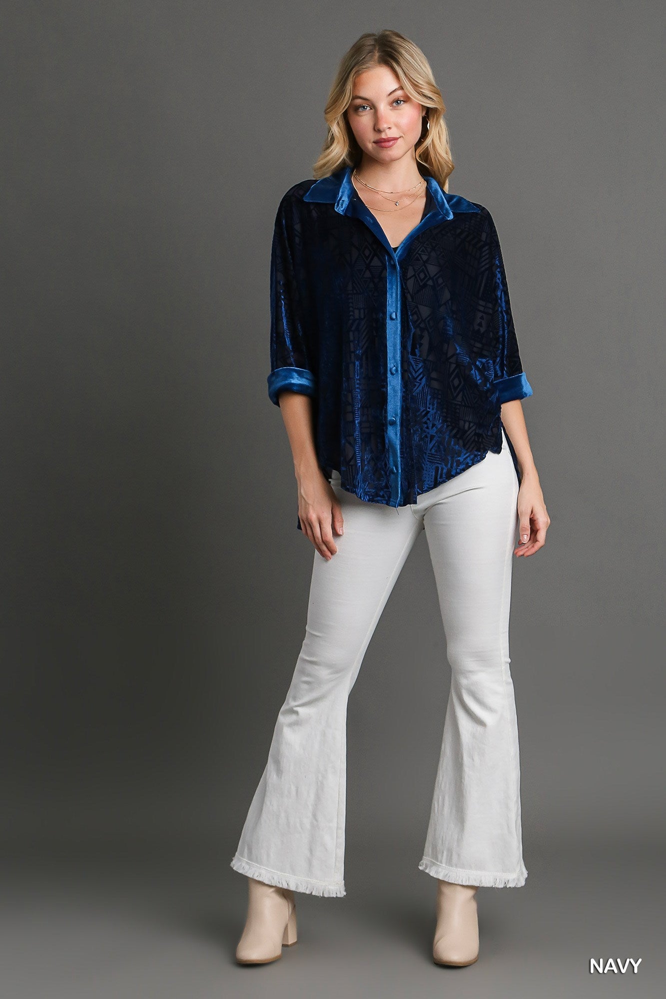 Solid Burnout Velvet Contrast Long Sleeve Button Down Shirt - Mainstream Boutique