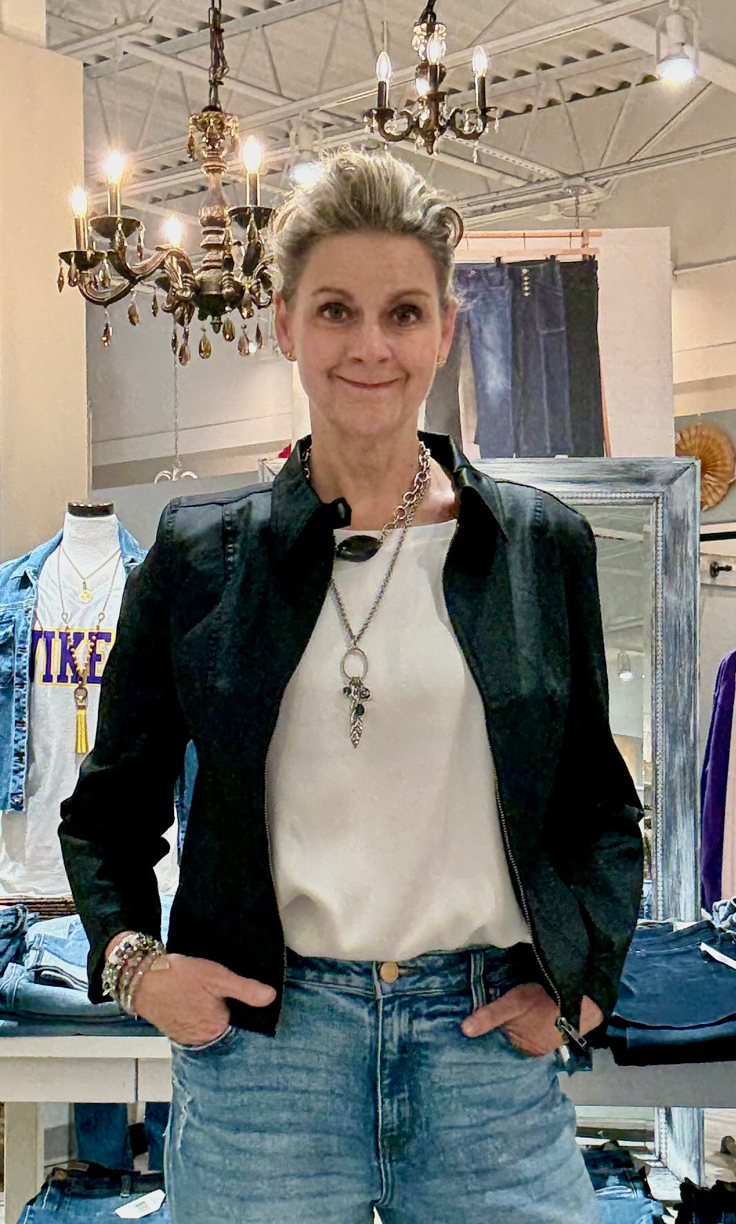 Sleeveless Woven Knit Top- whipped cream with black jacket