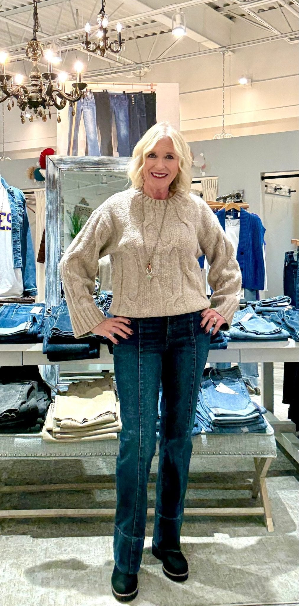 Crew Neck Loose Fit Cable Sweater- latte