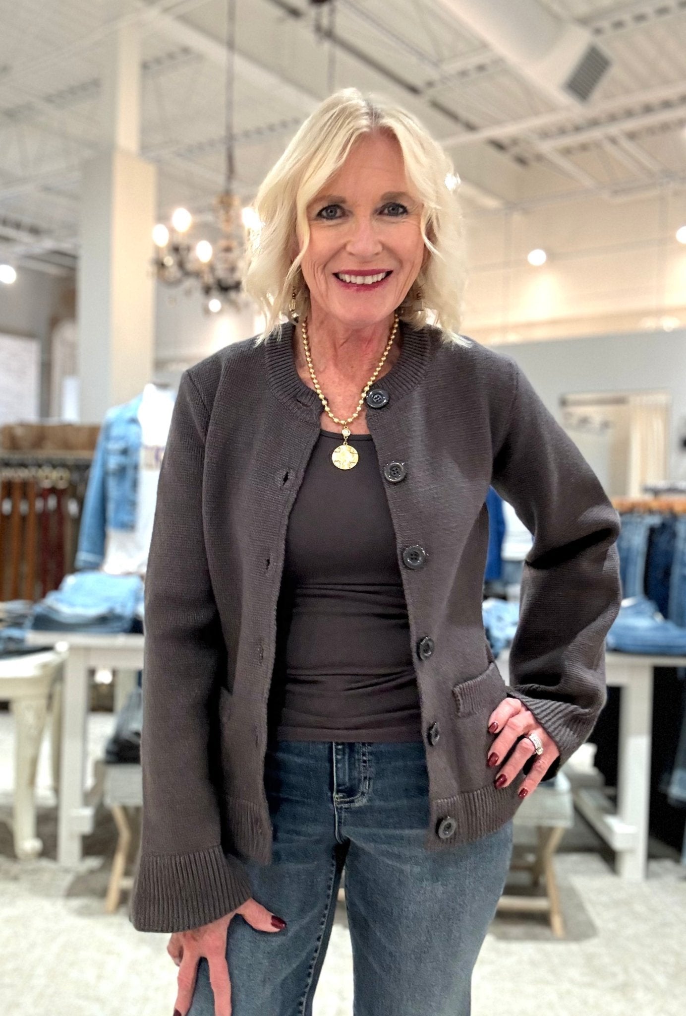 Button Up Crew Neck Sweater with Bell Sleeve- grey