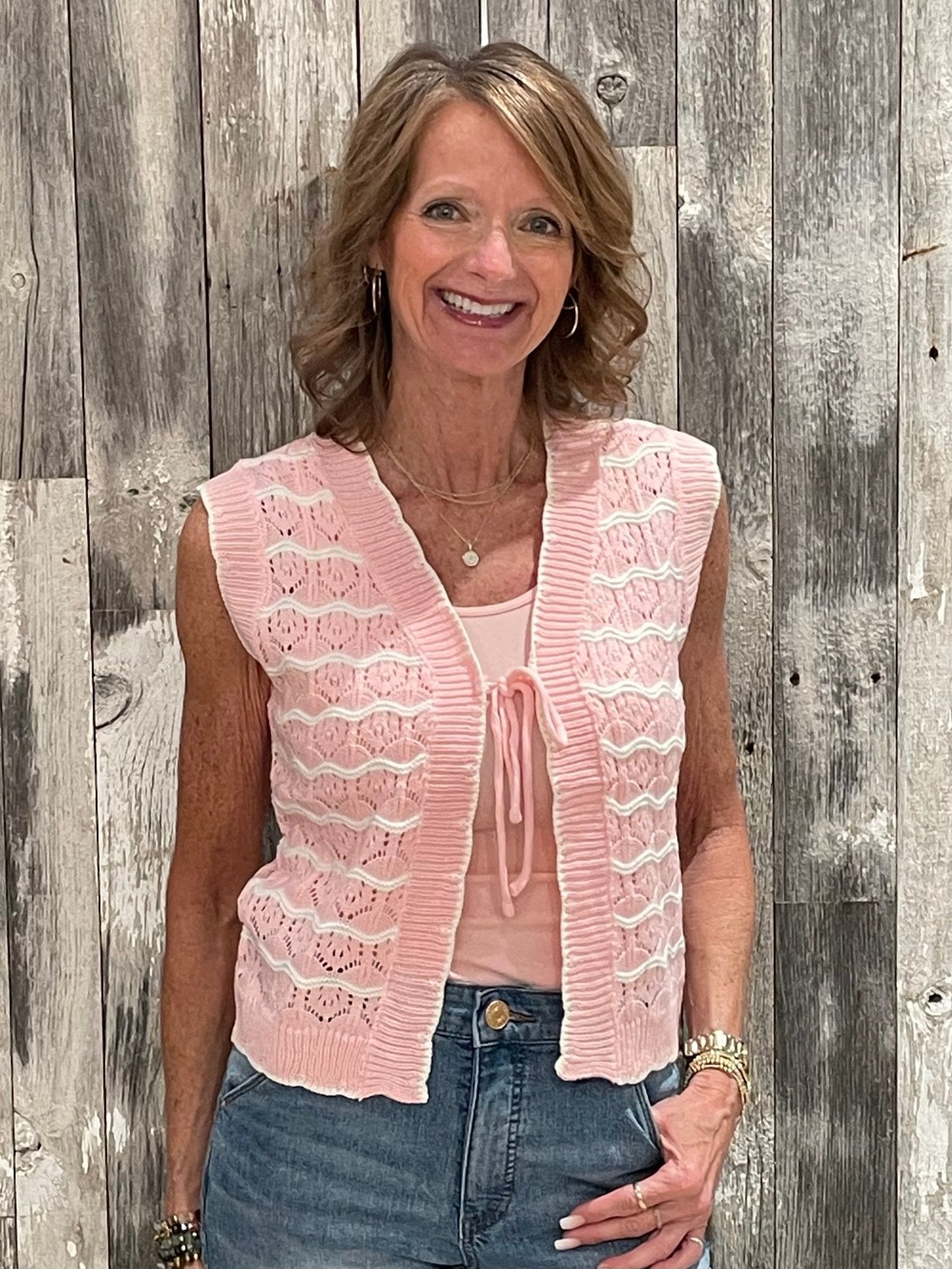 Pointelle Low Gauge Sweater Vest With Front Tie - Mainstream Boutique