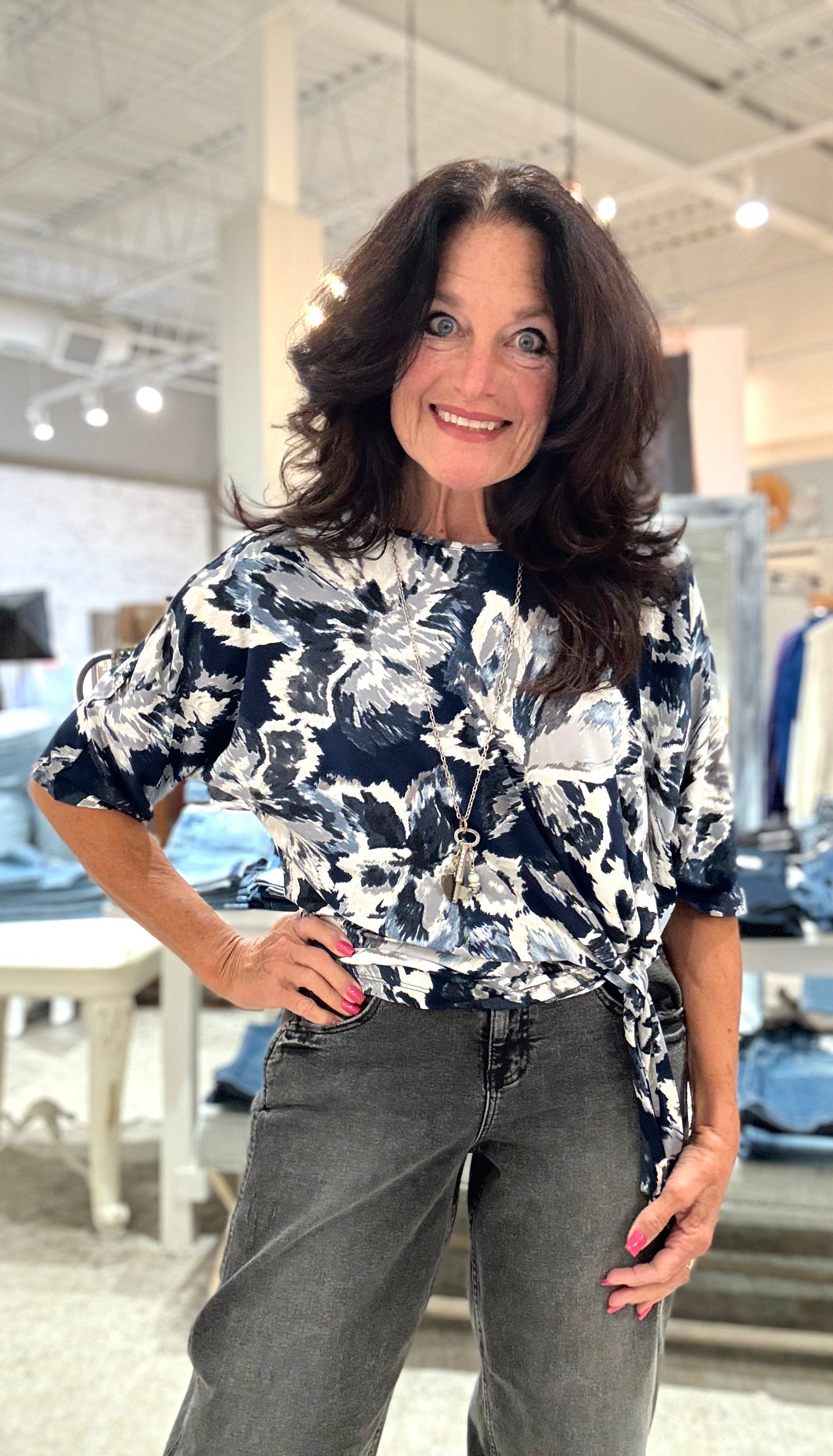 Abstract Floral Soft Knit Side Tie Top with Silver Foil