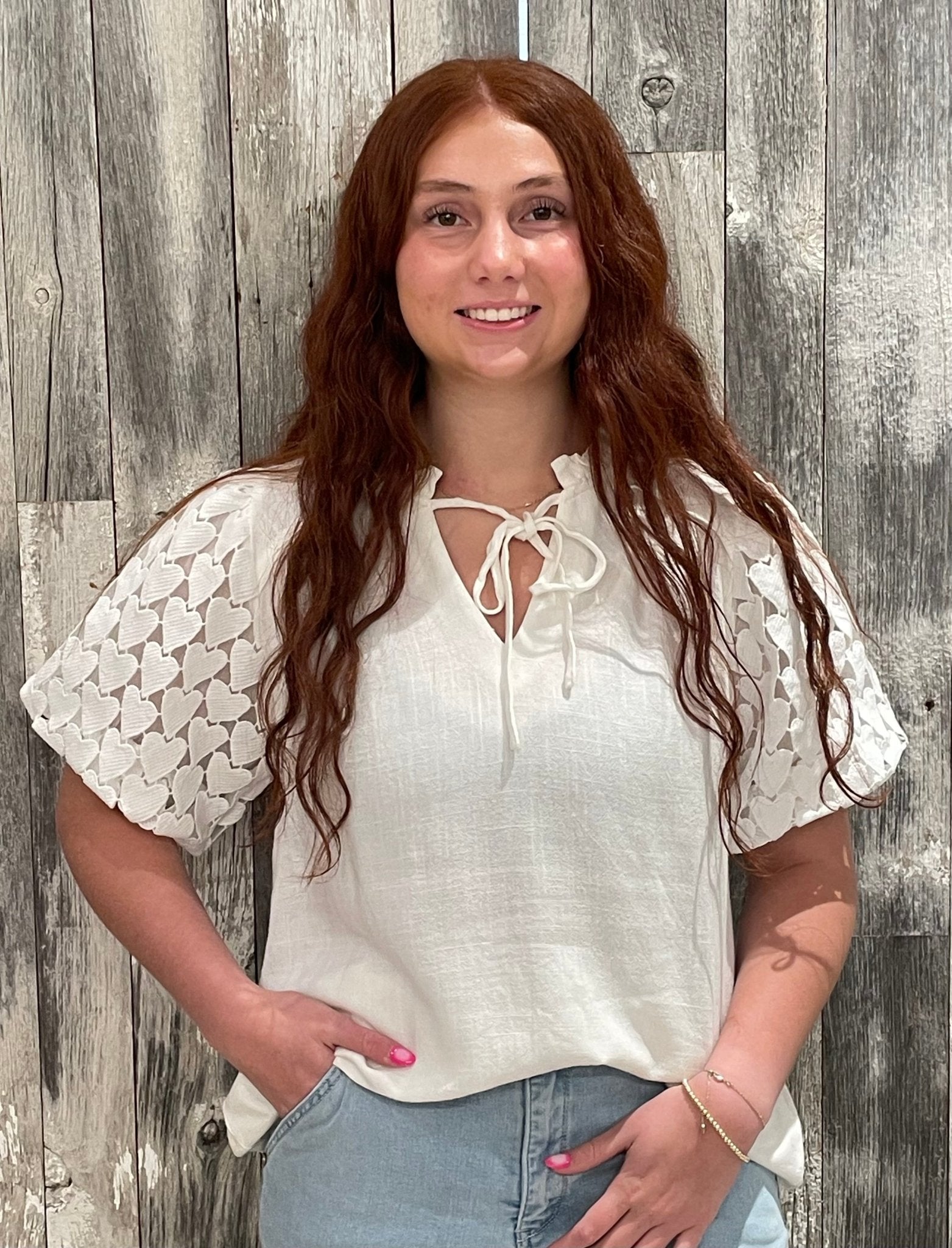 Front Tie Top W/ Heart Lace Sleeves - Mainstream Boutique