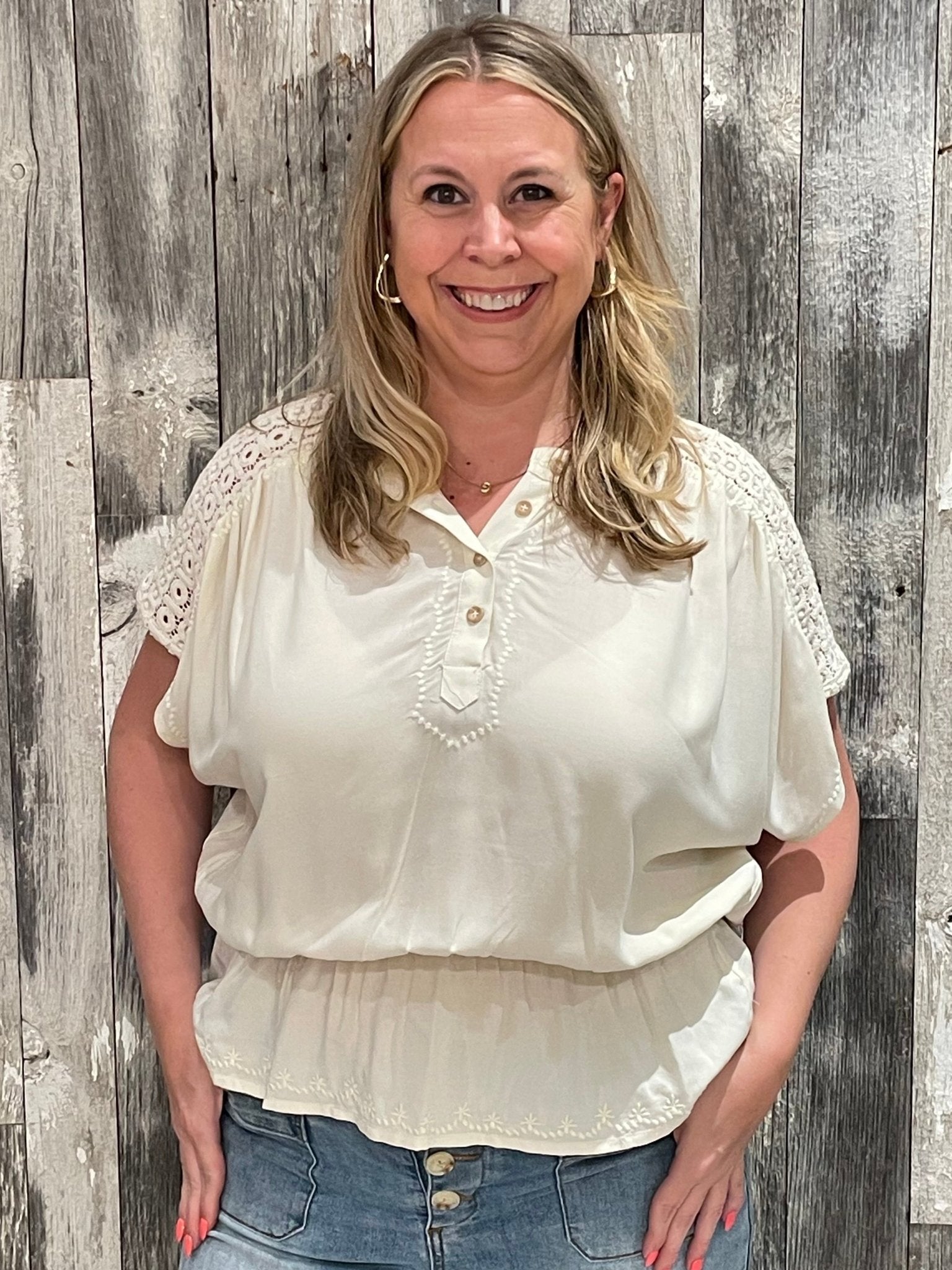 Short Crochet Sleeve Peplum Woven Top - Mainstream Boutique
