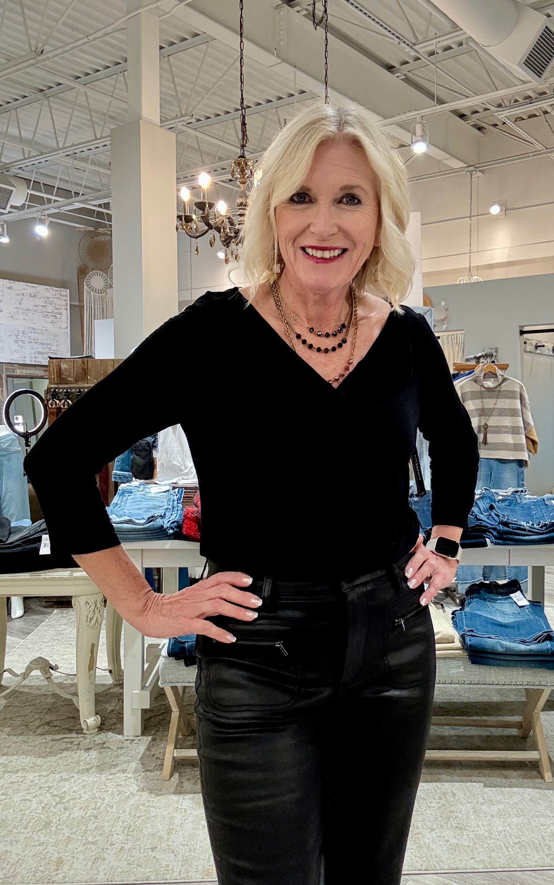 3/4 Sleeve Draped Neck Knit Top- black