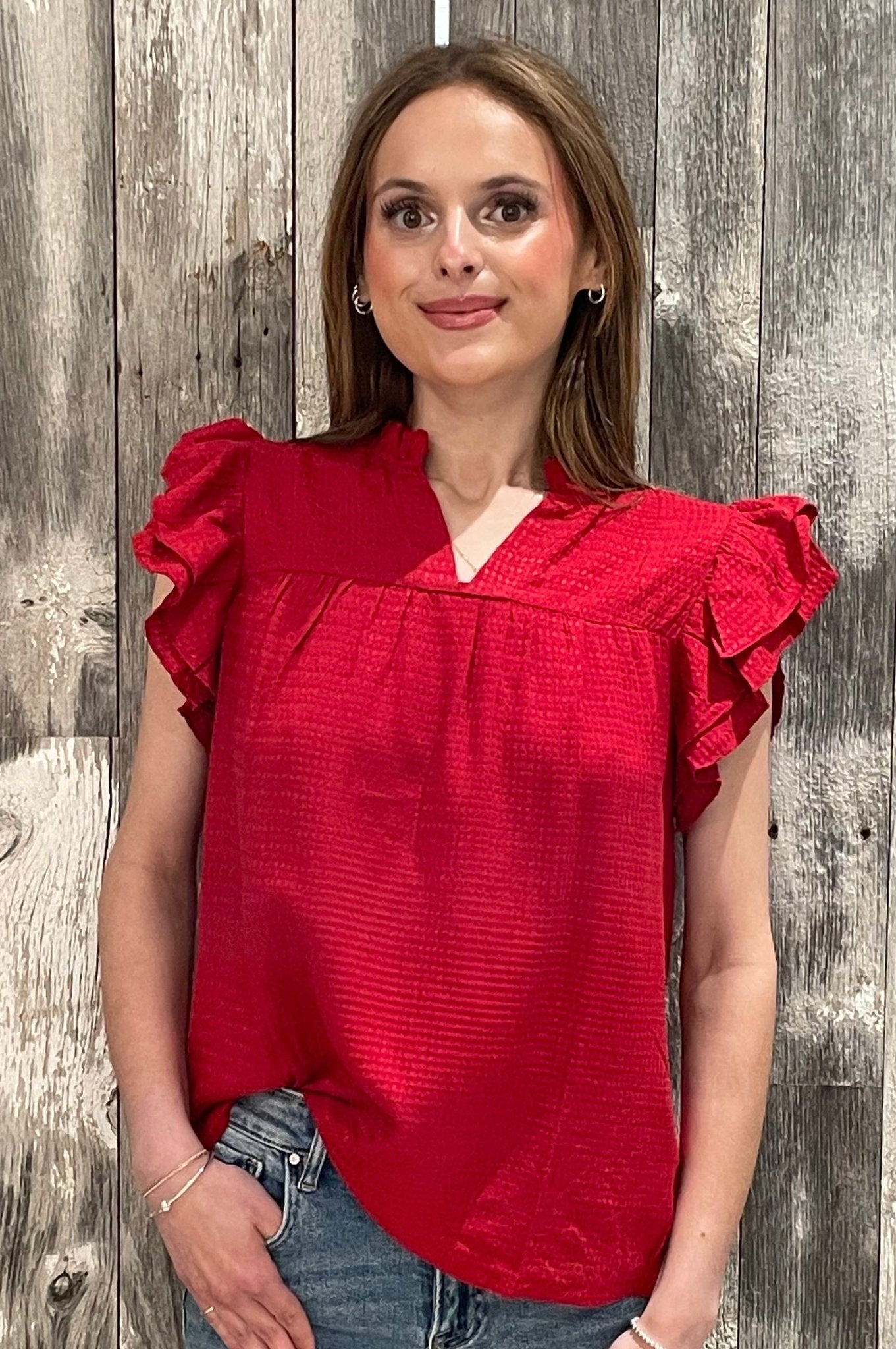 Mini Grid Pattern Flutter Sleeve Blouse - Mainstream Boutique