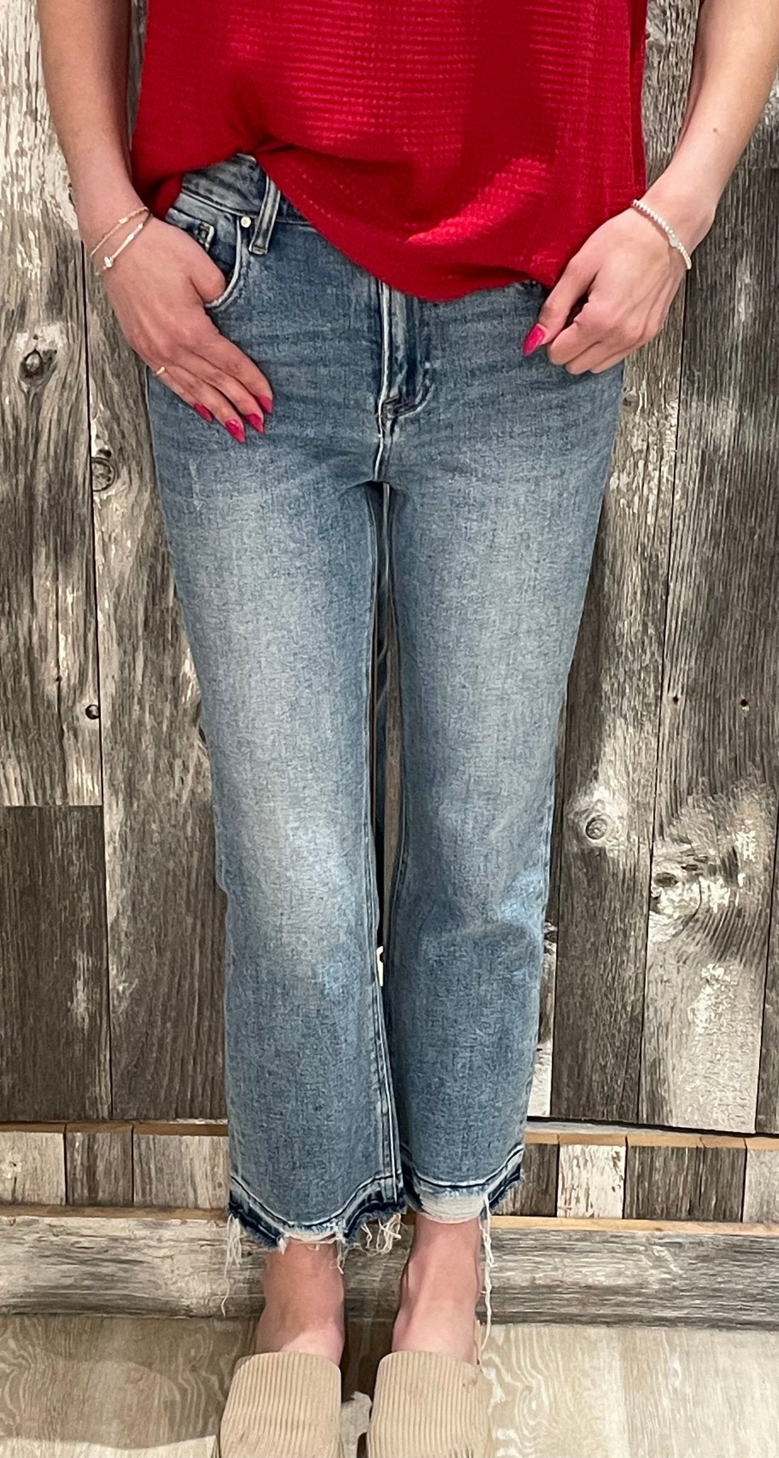 High Rise Distressed Shadow Hem Straight Jeans - Mainstream Boutique