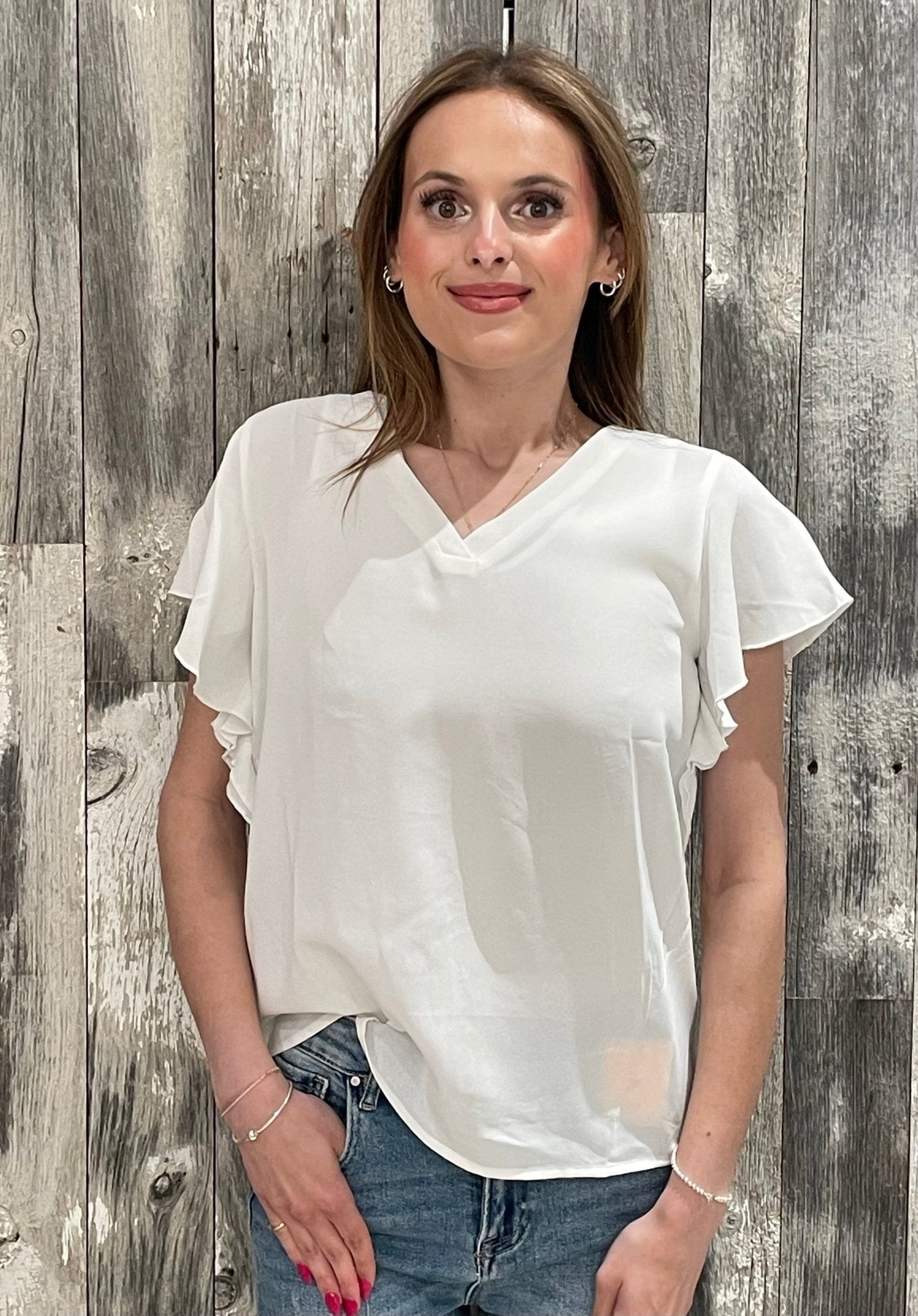 Extended Ruffle Sleeve V - Neck Blouse - Mainstream Boutique