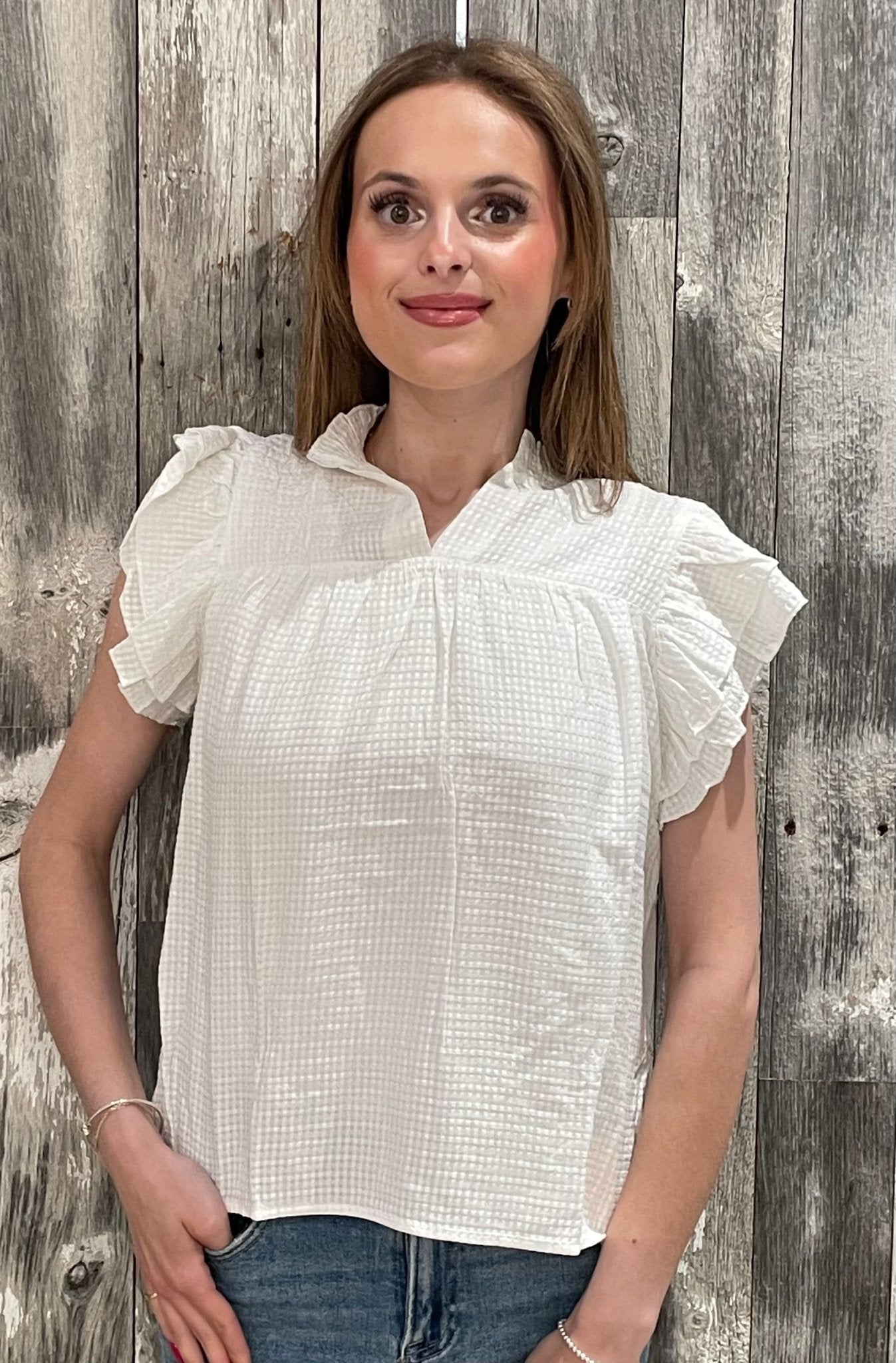 Mini Grid Pattern Flutter Sleeve Blouse - Mainstream Boutique