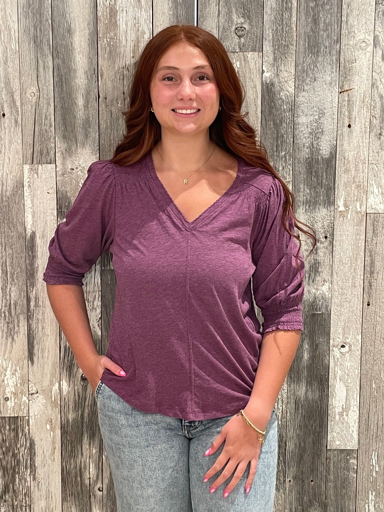 Elbow Sleeve Scalloped Hem Top - Mainstream Boutique
