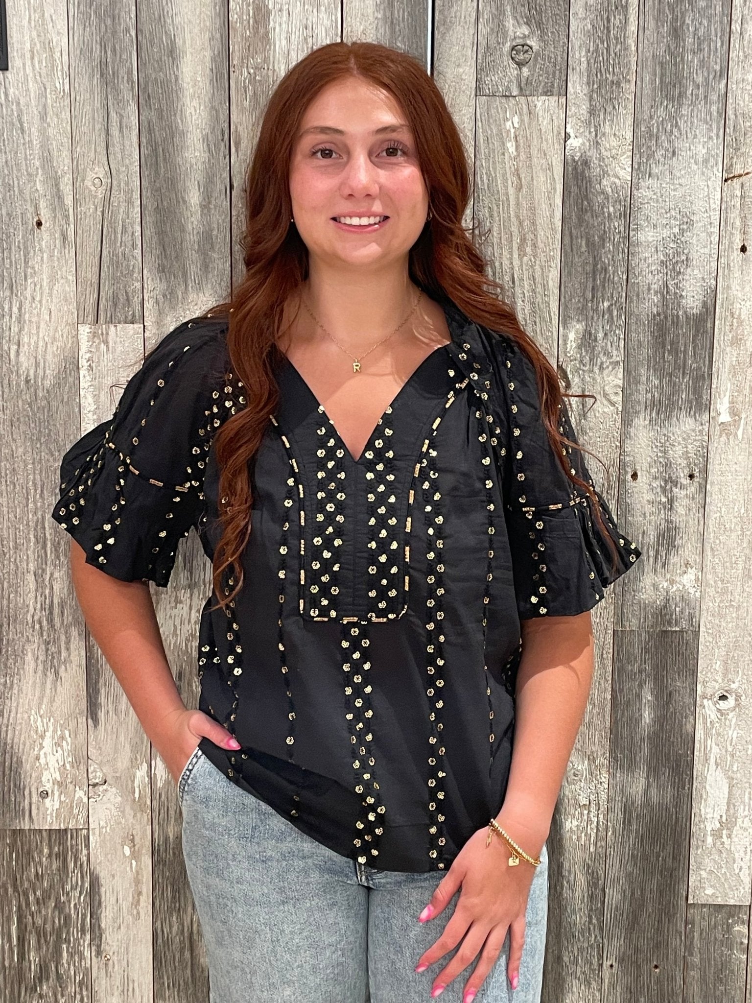 Short Bubble Sleeve Embroidered Woven Top - Mainstream Boutique