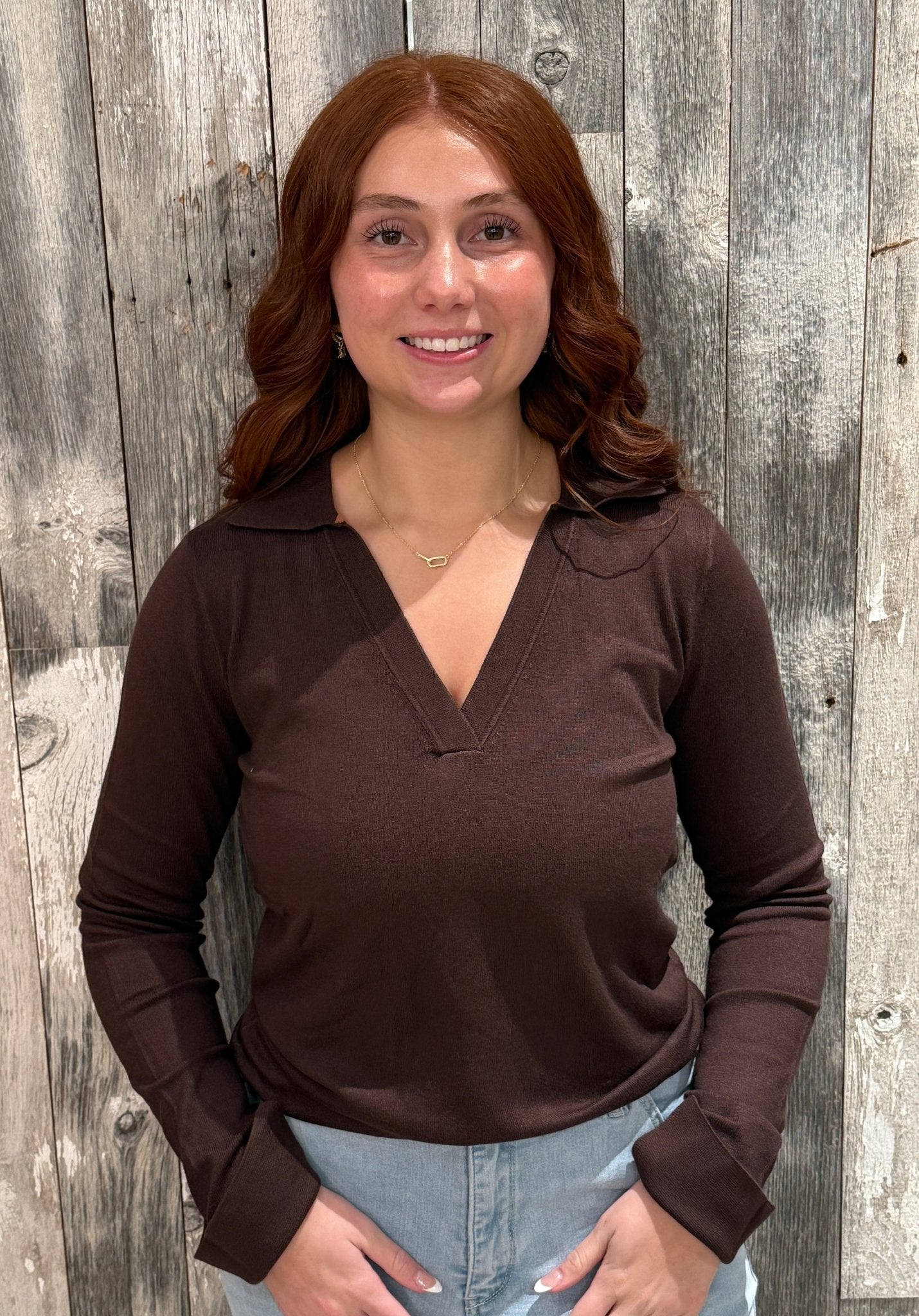 Knit Long Sleeve Collared Top - Mainstream Boutique