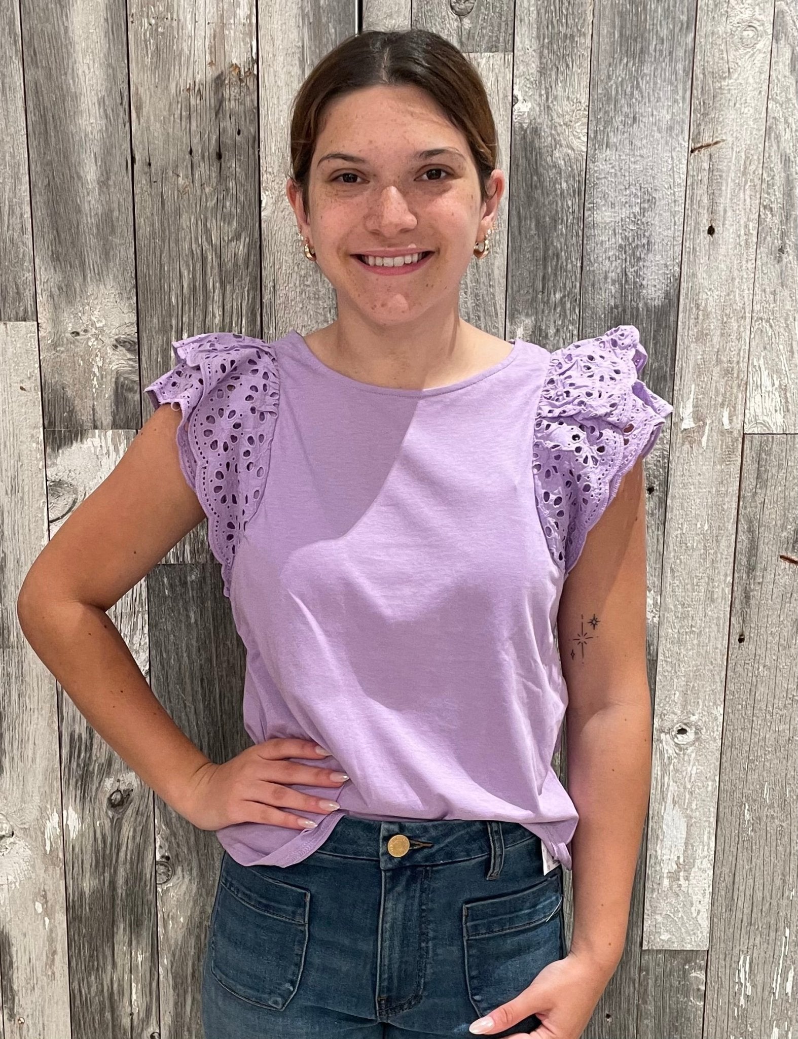 Crew Neck Eyelet Lace Ruffle Sleeve Cotton Top - Mainstream Boutique