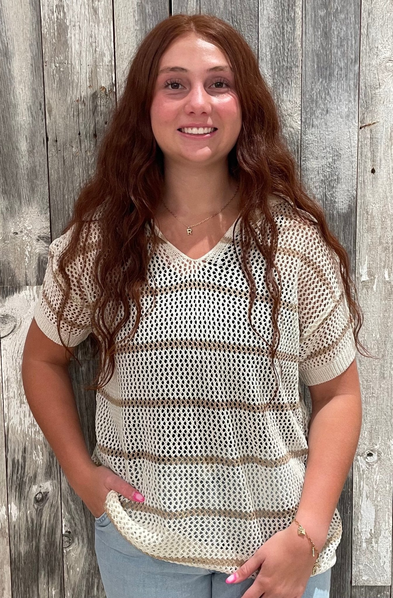 Striped With Short Sleeves Open Knit Top - Mainstream Boutique