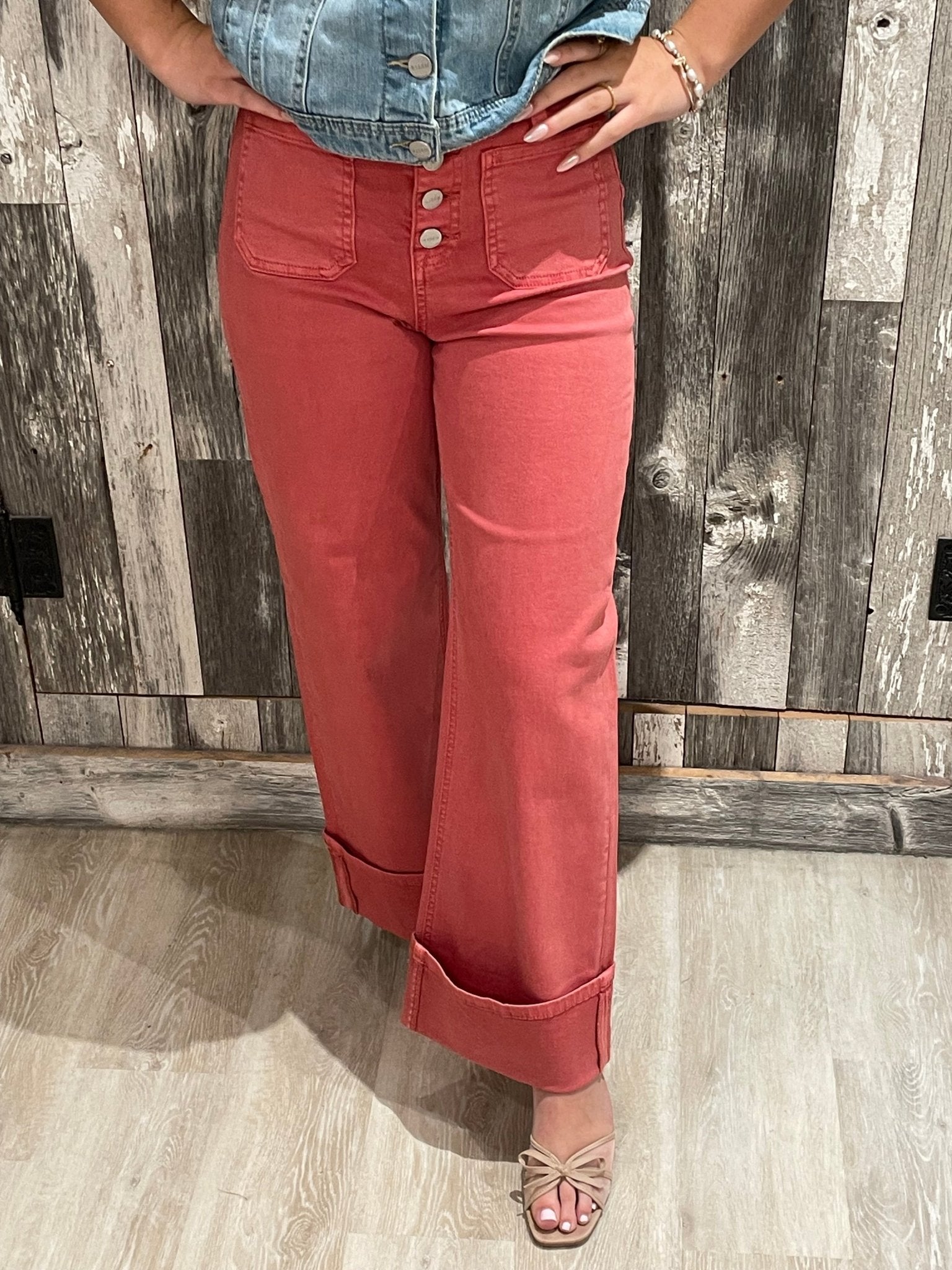 High Rise Wide Leg Front Patch Pocket Cuffed Pants - Mainstream Boutique