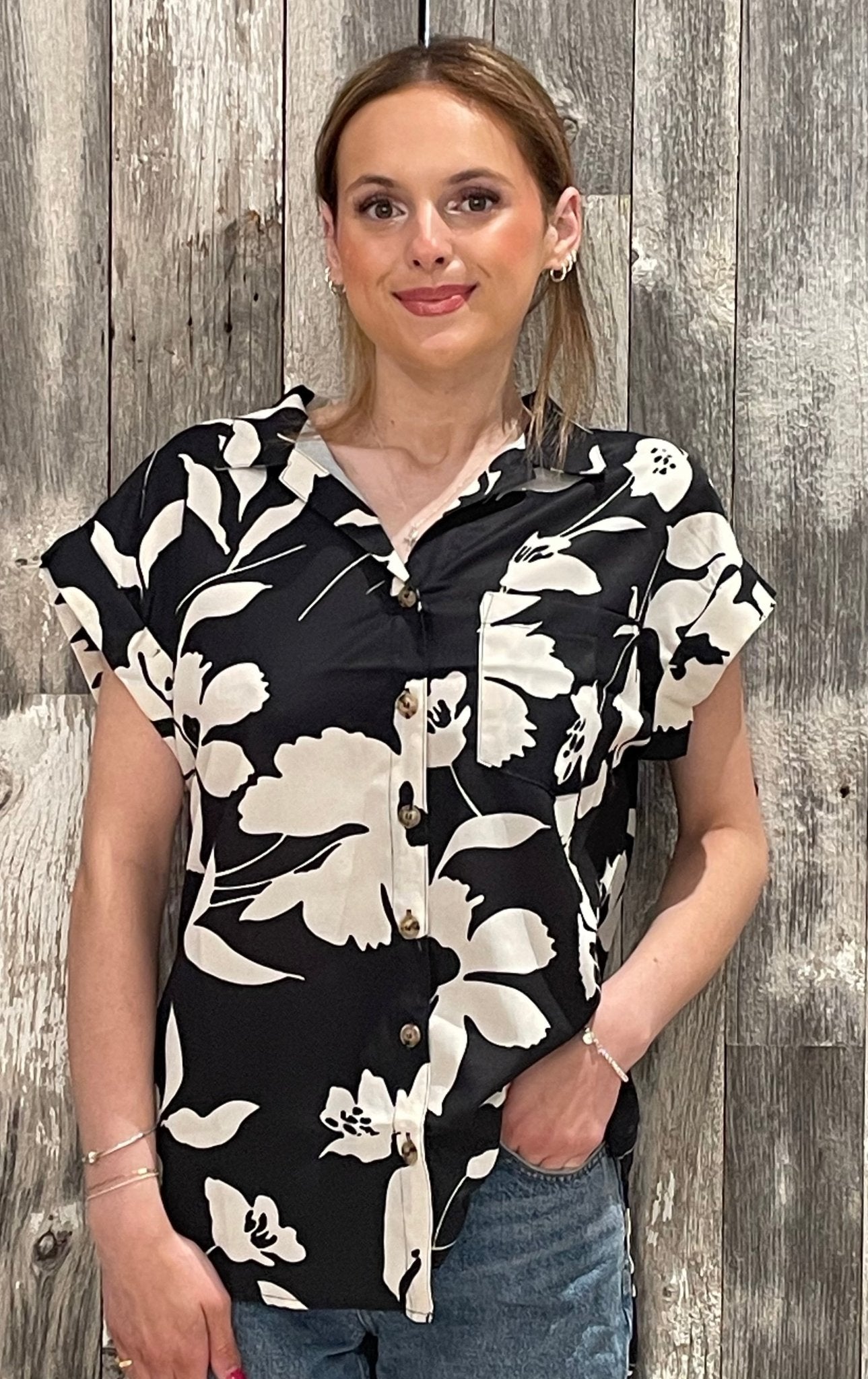 Flower Print Silhouette Button Down - Mainstream Boutique