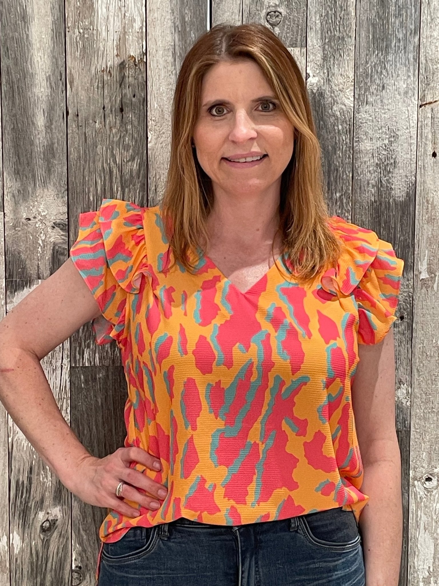 *Final Sale* Abstract V - Neck Blouse W/Double Ruffle Sleeve - Mainstream Boutique