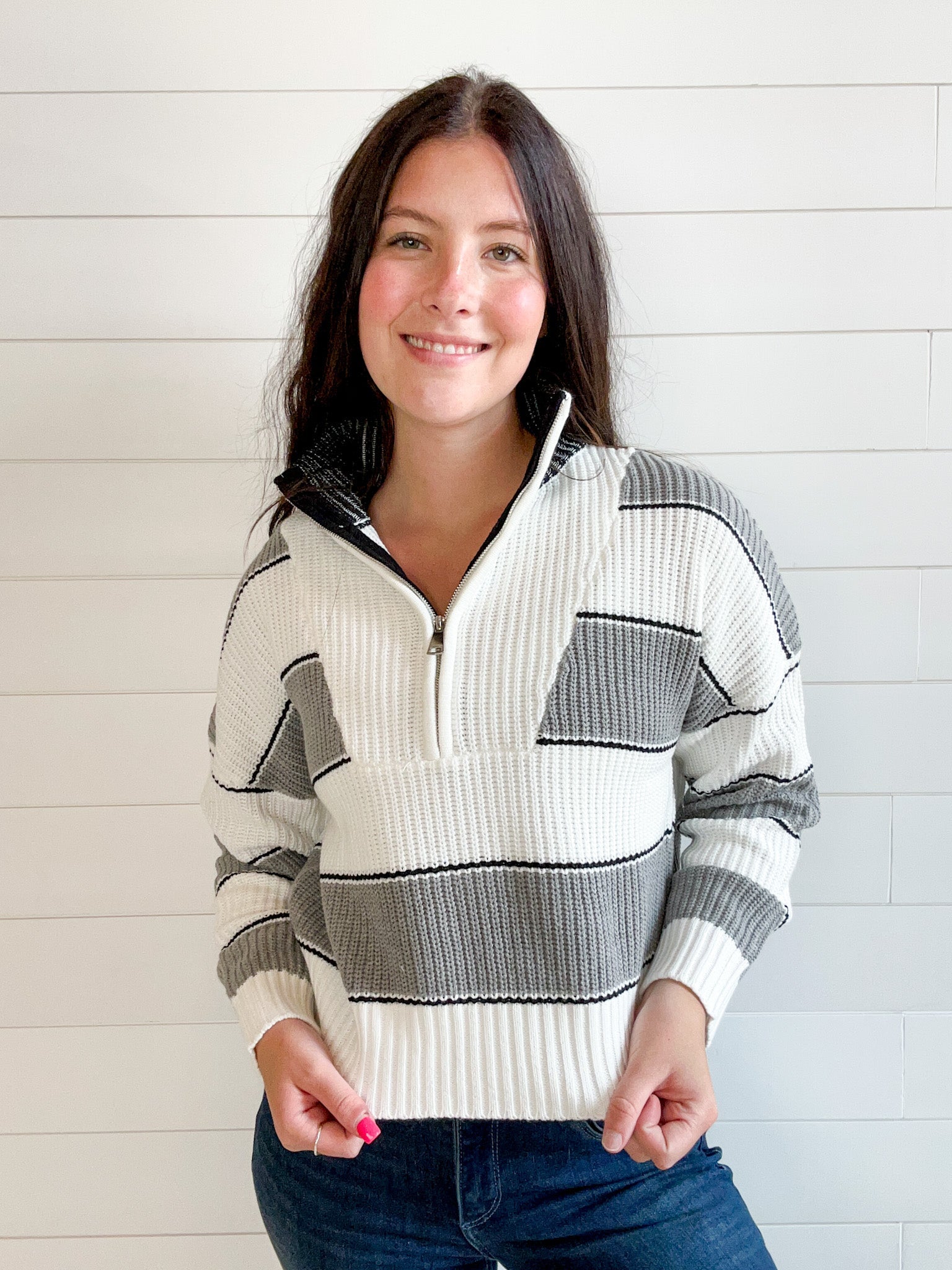 Striped Quarter Zip Color Block Sweater - Mainstream Boutique