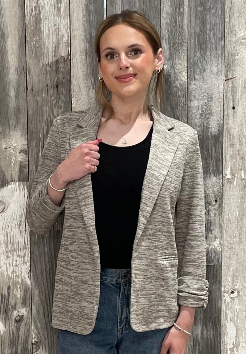 Heathered Knit Shirred Sleeve Blazer - Mainstream Boutique