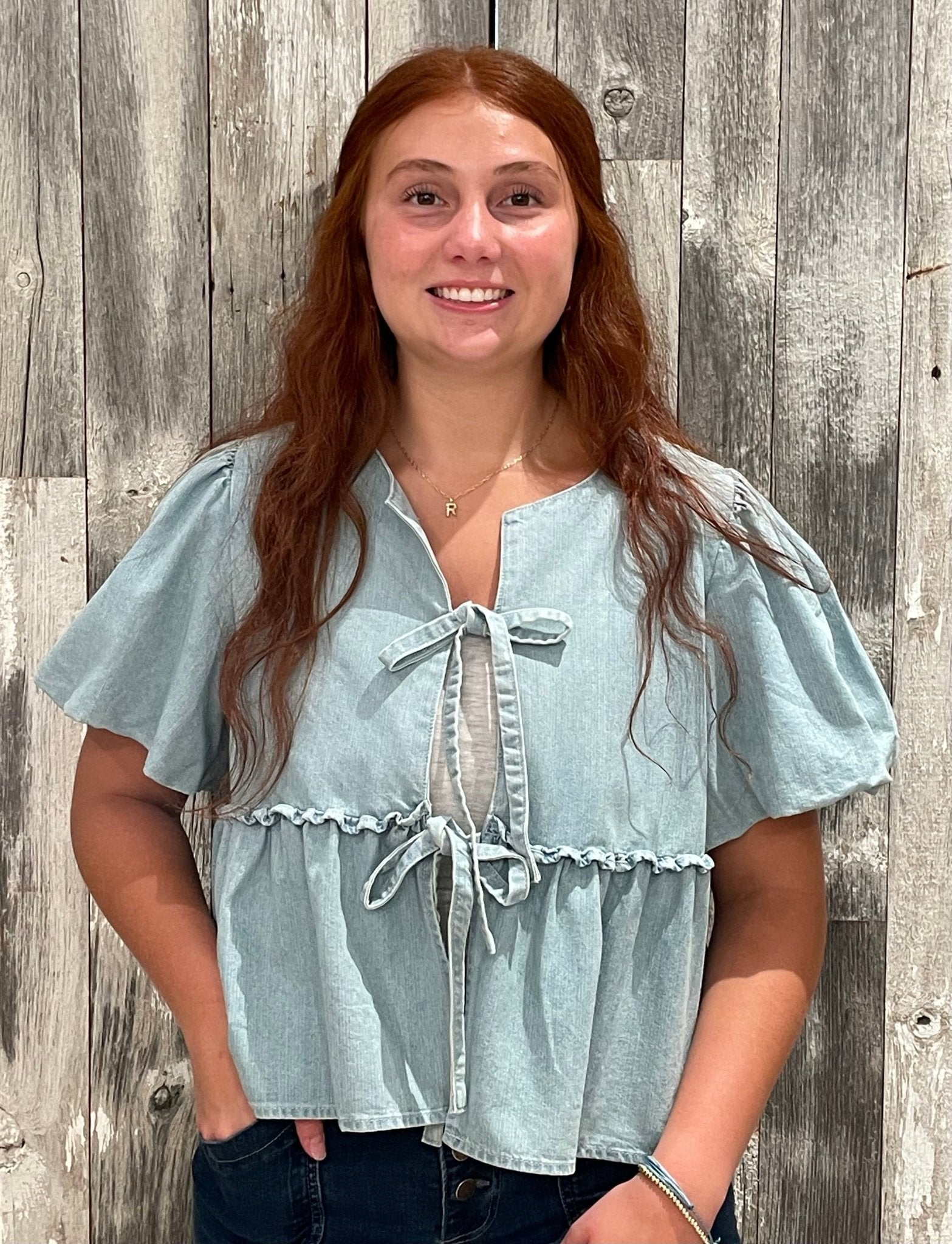 Denim Ribbon Front Bubble Sleeve Top - Mainstream Boutique