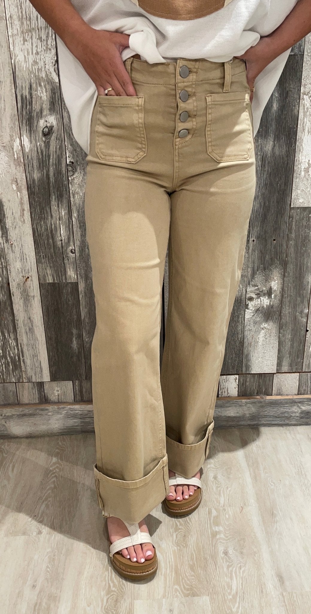 High Rise Wide Leg Front Patch Pocket Cuffed Pants - Mainstream Boutique