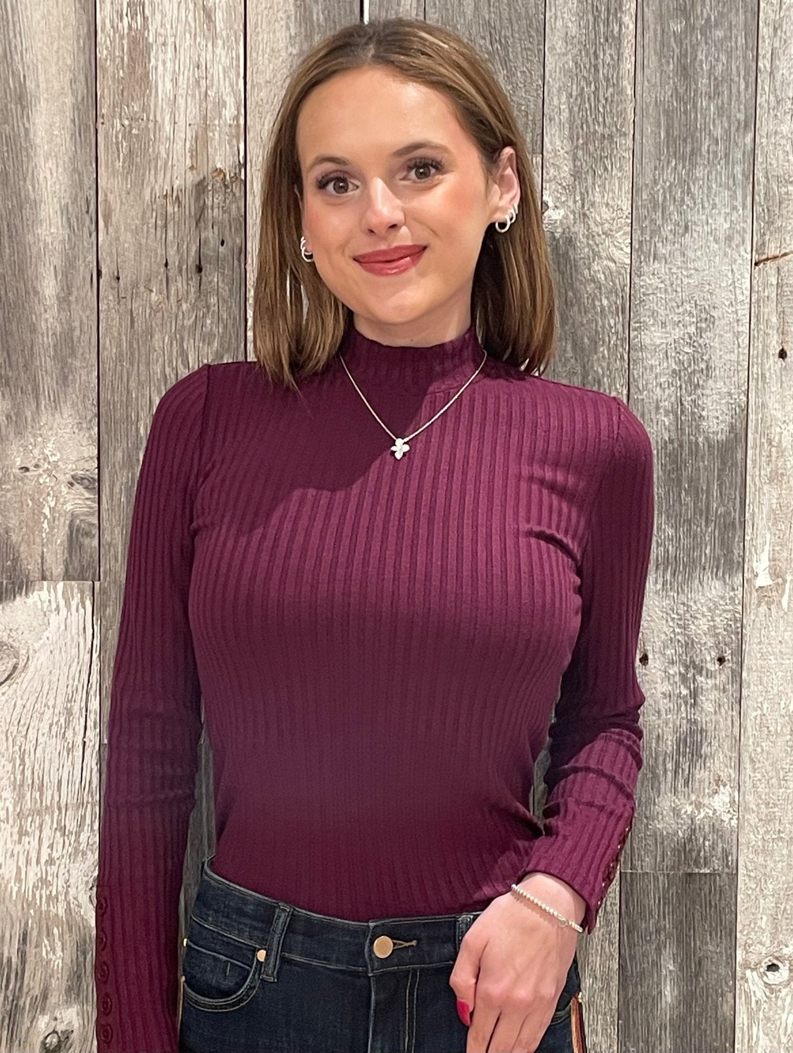 Liverpool Long Sleeve Mock Neck Knit Top W/ Button Detail - Mainstream Boutique