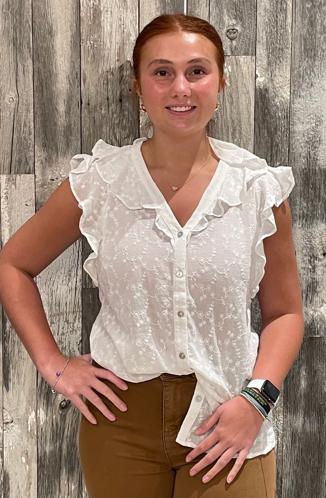 Ruffle V - Neck Button Down Top - Mainstream Boutique