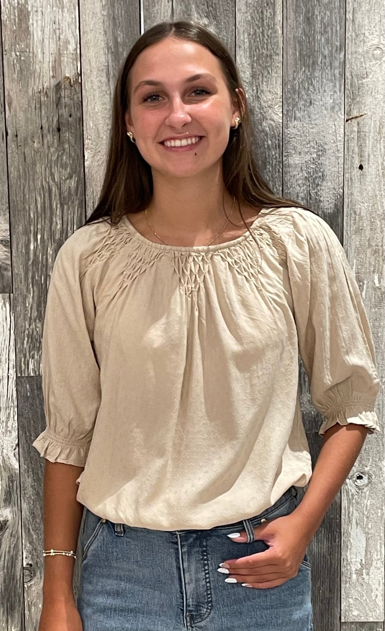 Elbow Sleeve Smocked Bubble Hem Top - Mainstream Boutique