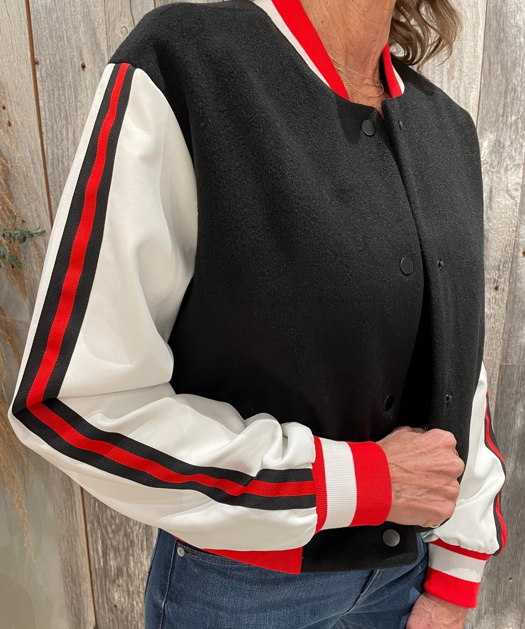 Varsity Jacket W/ Vegan Leather Sleeves - Mainstream Boutique