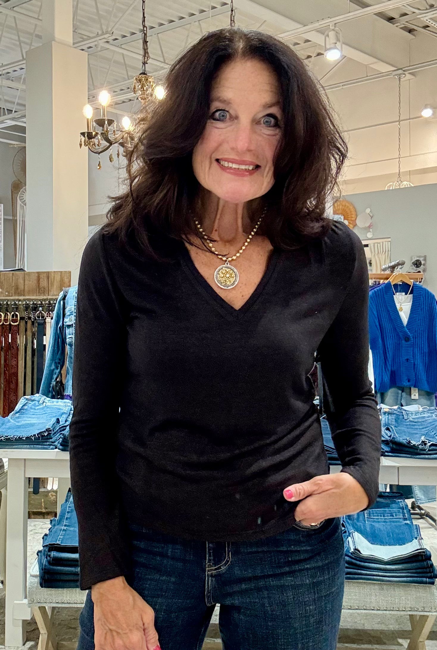 Long Sleeve V-Neck Knit Top with Shirring