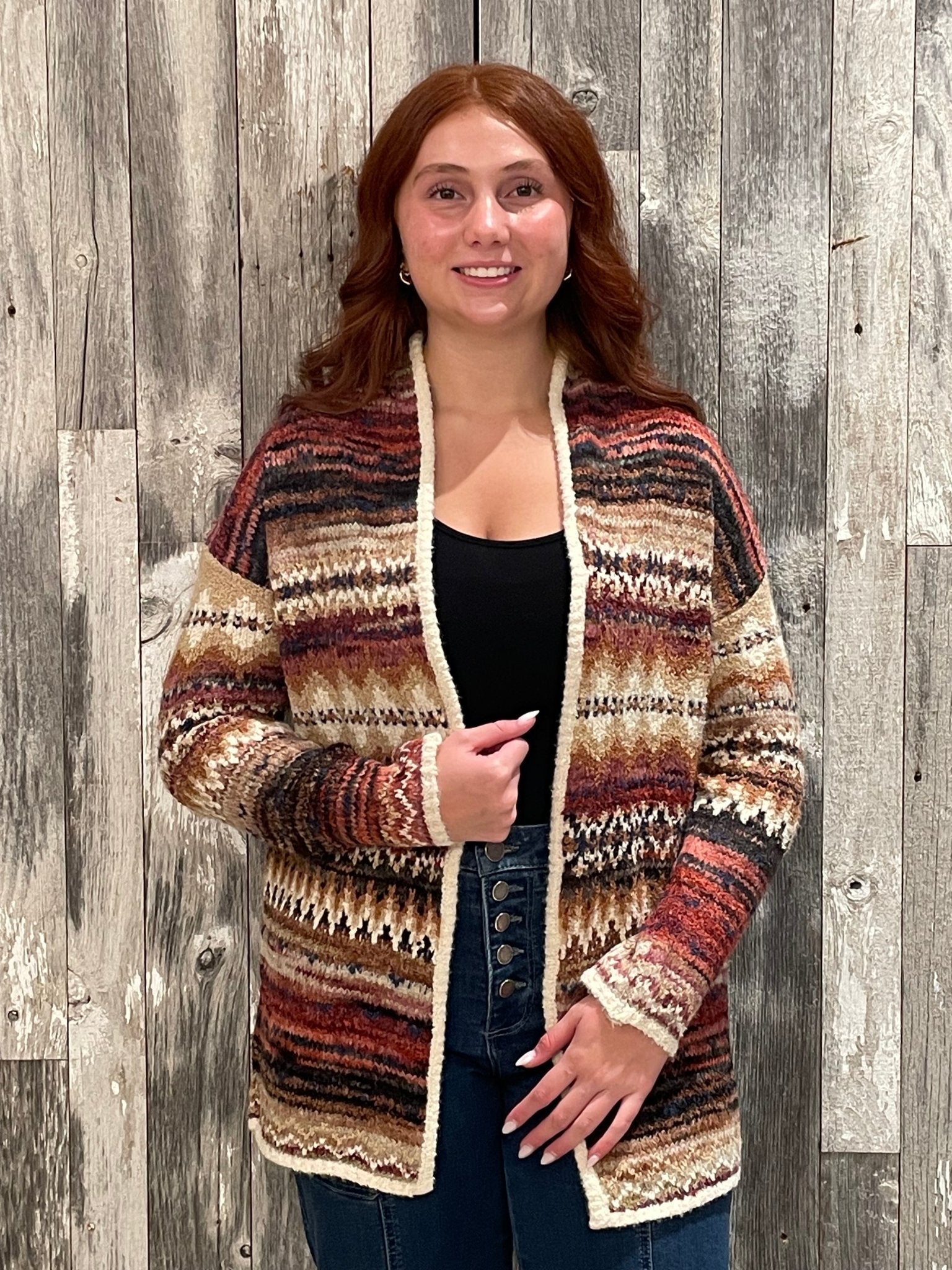 Charlie B Long Jacquard Cardigan W/ Patch Pockets - Mainstream Boutique